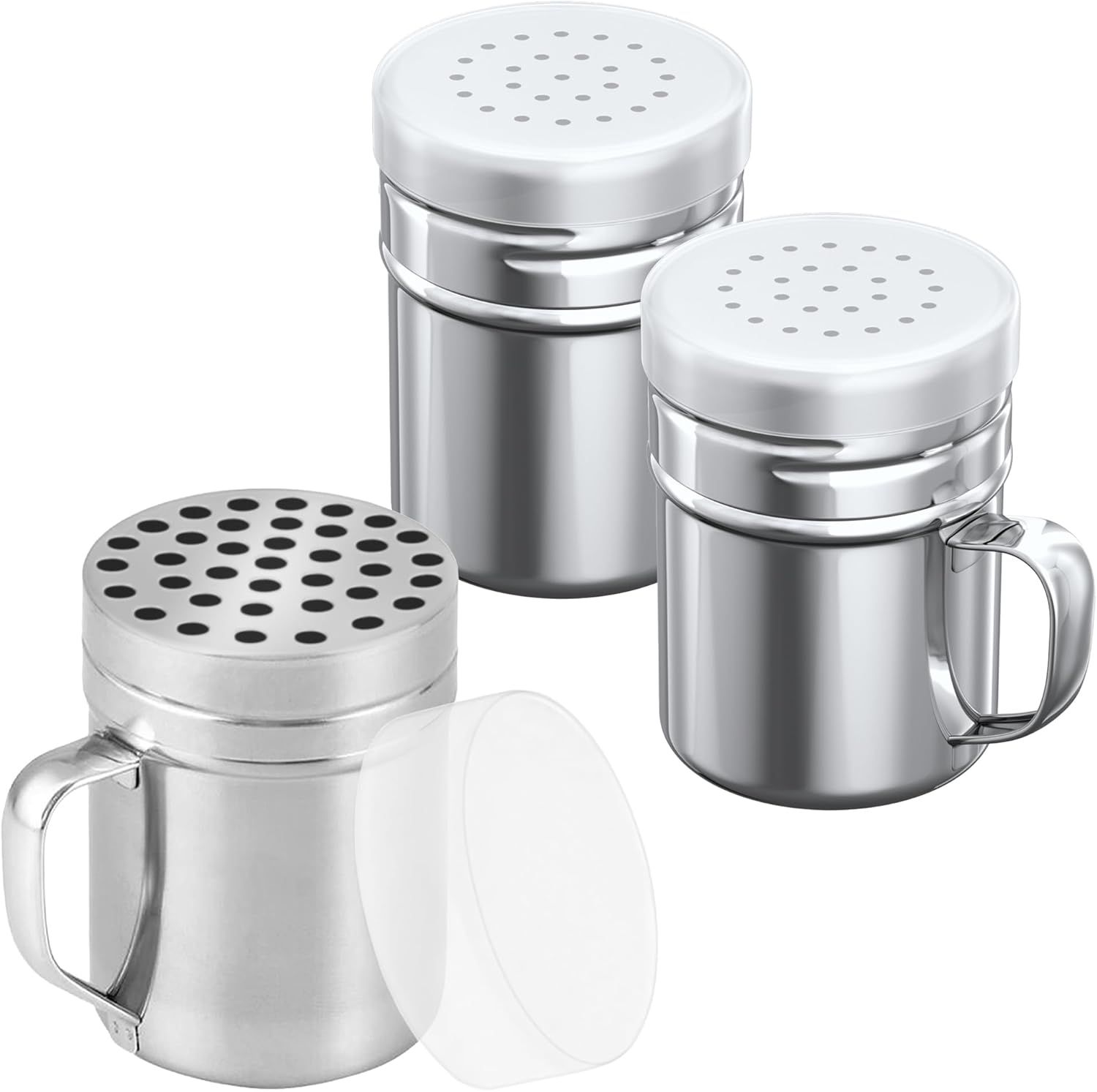 [1-pc] 6 oz Metal Parmesan Cheese Shaker (Large Holes) + [2-pcs] 6 oz Metal Salt Pepper Dredge Shakers - with Plastic Caps & Handles Bundle - Image 1