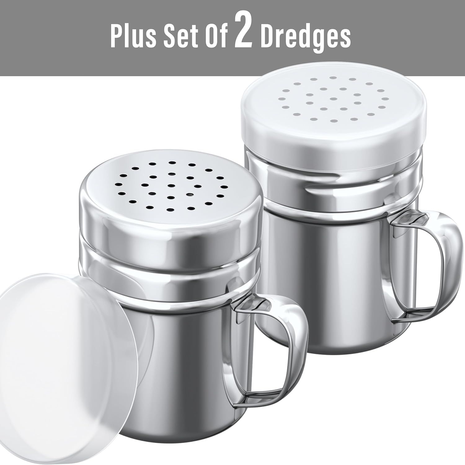 [1-pc] 6 oz Metal Parmesan Cheese Shaker (Large Holes) + [2-pcs] 6 oz Metal Salt Pepper Dredge Shakers - with Plastic Caps & Handles Bundle - Image 4