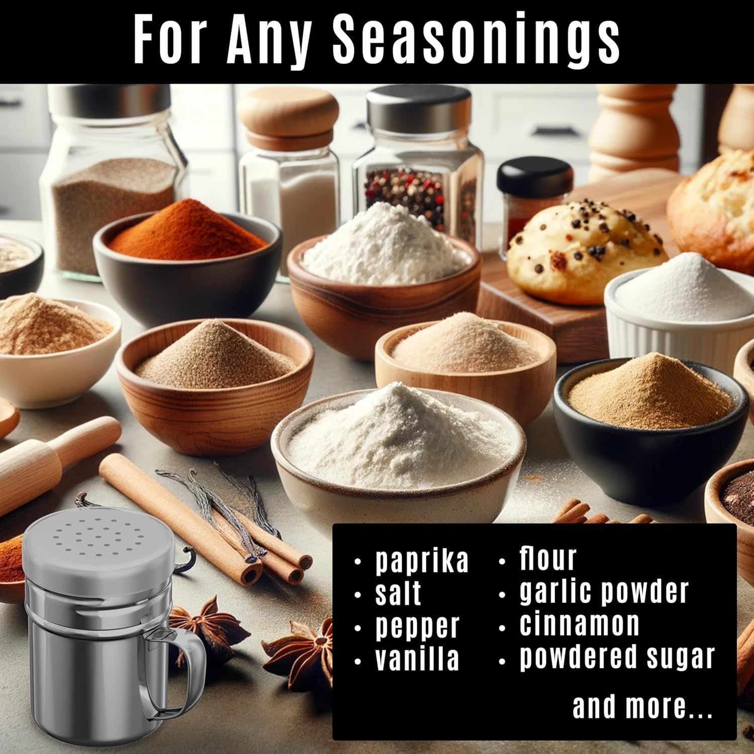 [1-pc] 6 oz Metal Parmesan Cheese Shaker (Large Holes) + [2-pcs] 6 oz Metal Salt Pepper Dredge Shakers - with Plastic Caps & Handles Bundle - Image 6
