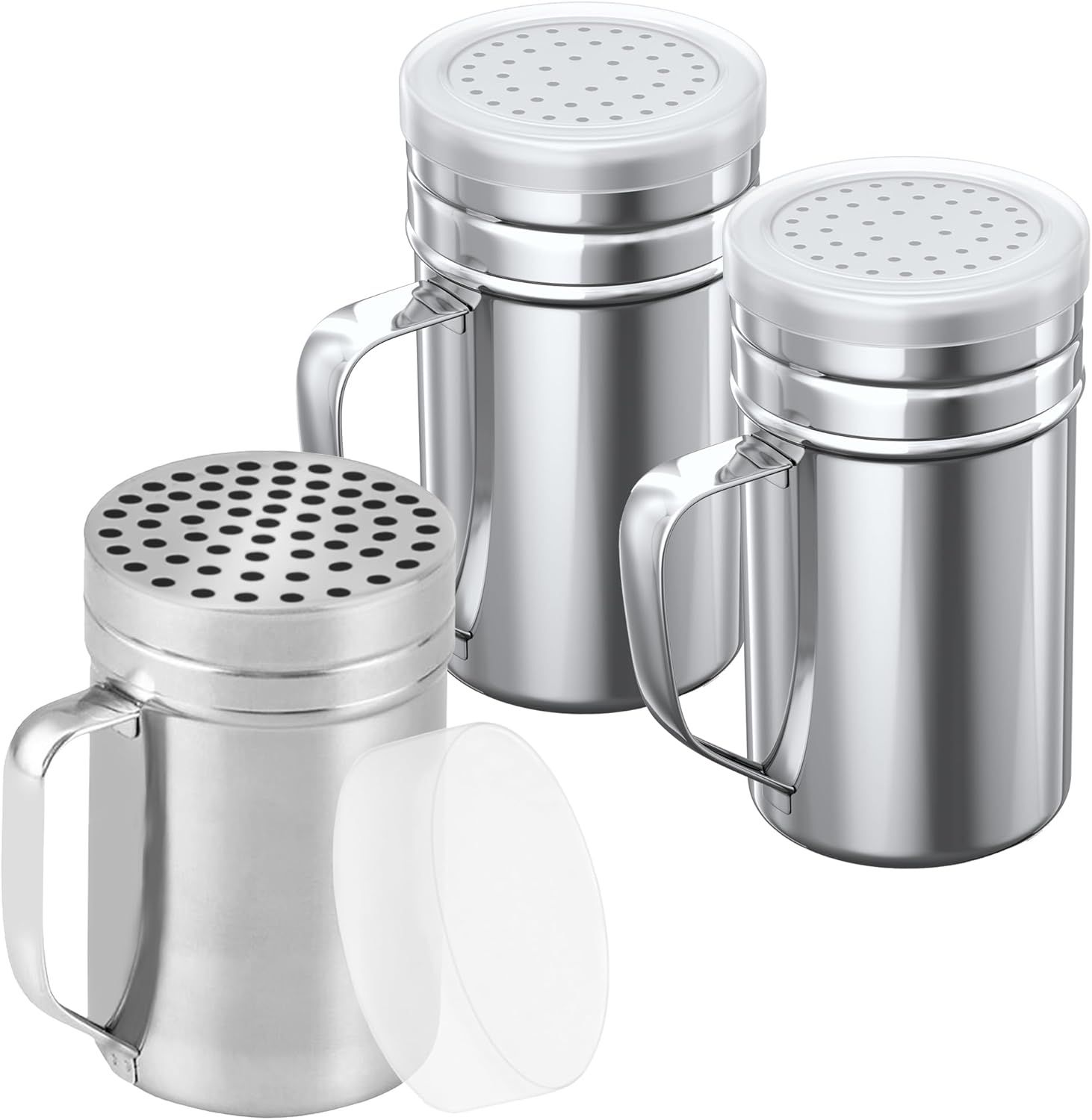 [1-pc] 14 oz Metal Parmesan Cheese Shaker (Large Holes) + [2-pcs] 14 oz Metal Salt Pepper Dredge Shakers - with Plastic Caps & Handles Bundle - Image 1