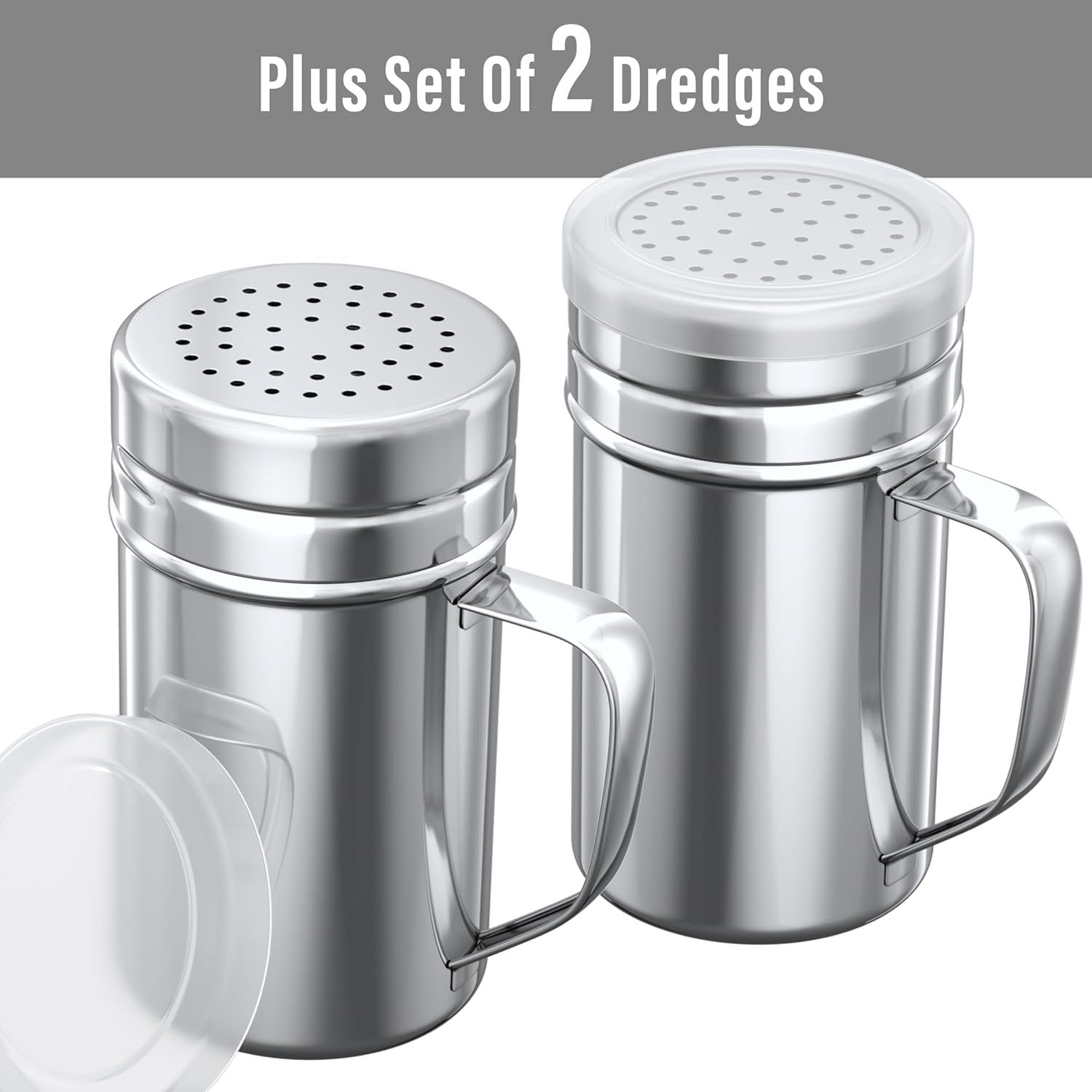 [1-pc] 14 oz Metal Parmesan Cheese Shaker (Large Holes) + [2-pcs] 14 oz Metal Salt Pepper Dredge Shakers - with Plastic Caps & Handles Bundle - Image 4