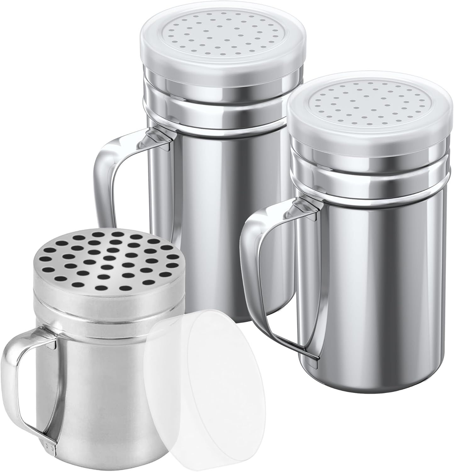 [1-pc] 6 oz Metal Parmesan Cheese Shaker (Large Holes) + [2-pcs] 14 oz Metal Salt Pepper Dredge Shakers - with Plastic Caps & Handles Bundle - Image 1