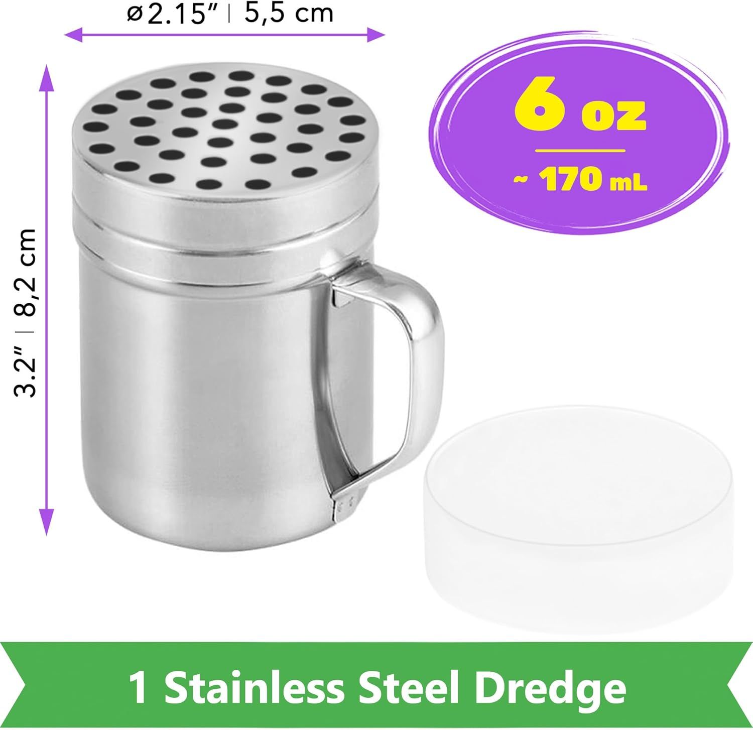 [1-pc] 6 oz Metal Parmesan Cheese Shaker (Large Holes) + [2-pcs] 14 oz Metal Salt Pepper Dredge Shakers - with Plastic Caps & Handles Bundle - Image 2