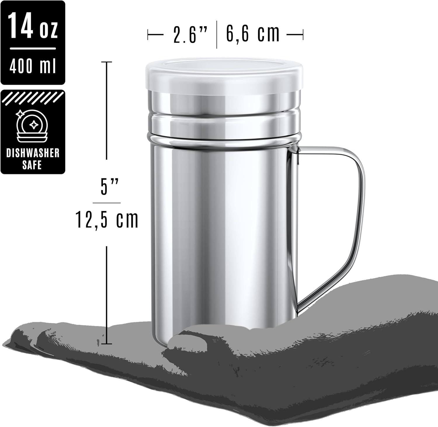 [1-pc] 6 oz Metal Parmesan Cheese Shaker (Large Holes) + [2-pcs] 14 oz Metal Salt Pepper Dredge Shakers - with Plastic Caps & Handles Bundle - Image 5