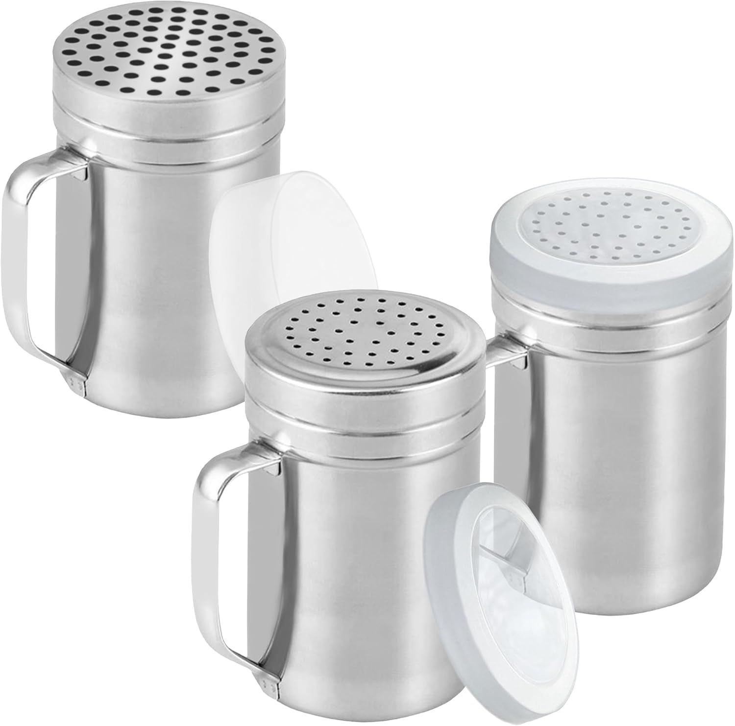 [2-pcs] 14 oz Large Metal Salt Pepper Dredge Shakers + [1-pcs] 14 oz Metal Parmesan Cheese Shaker - with Hadles and Caps Bundle - Image 1