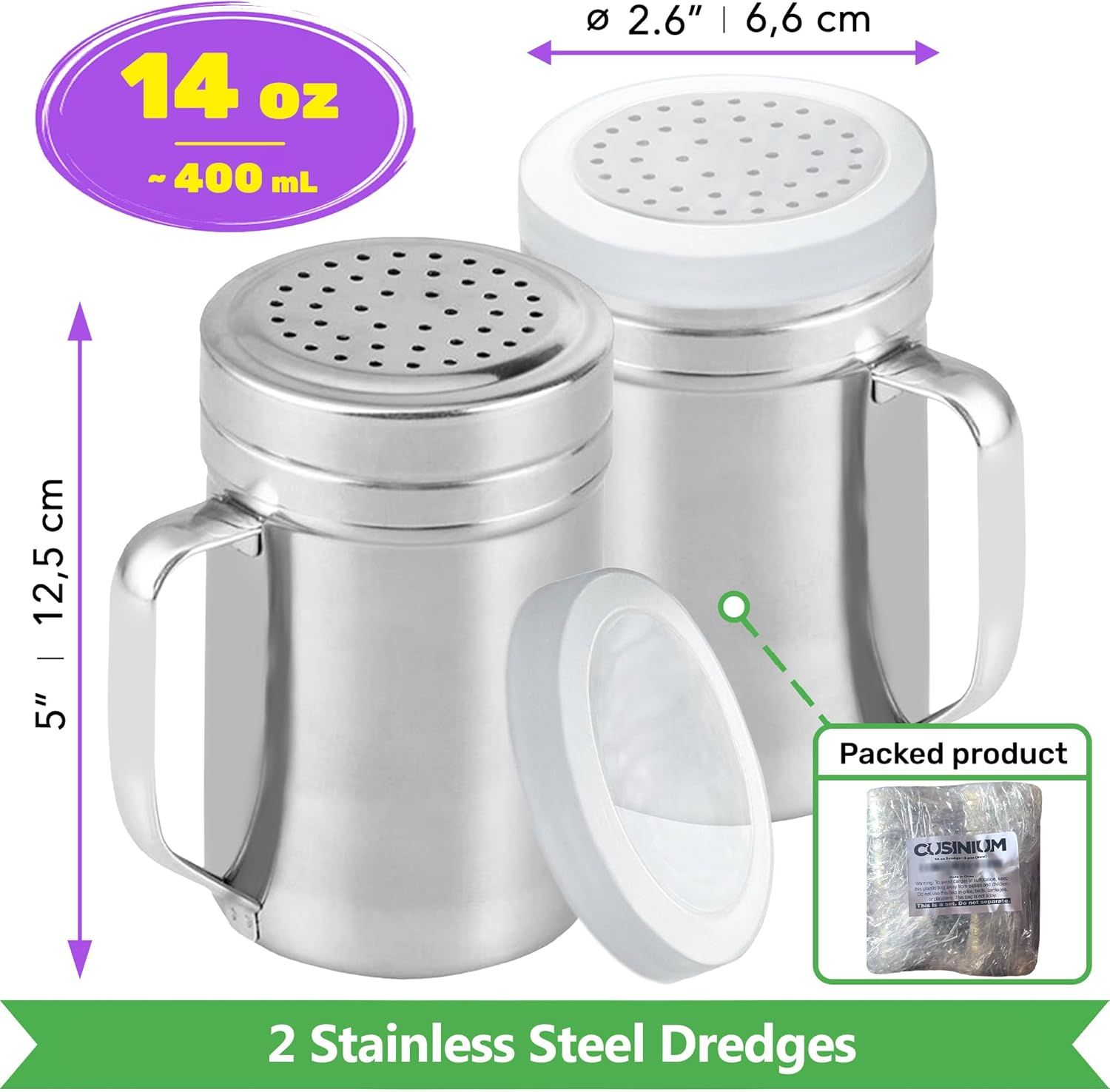 [2-pcs] 14 oz Large Metal Salt Pepper Dredge Shakers + [1-pcs] 14 oz Metal Parmesan Cheese Shaker - with Hadles and Caps Bundle - Image 2