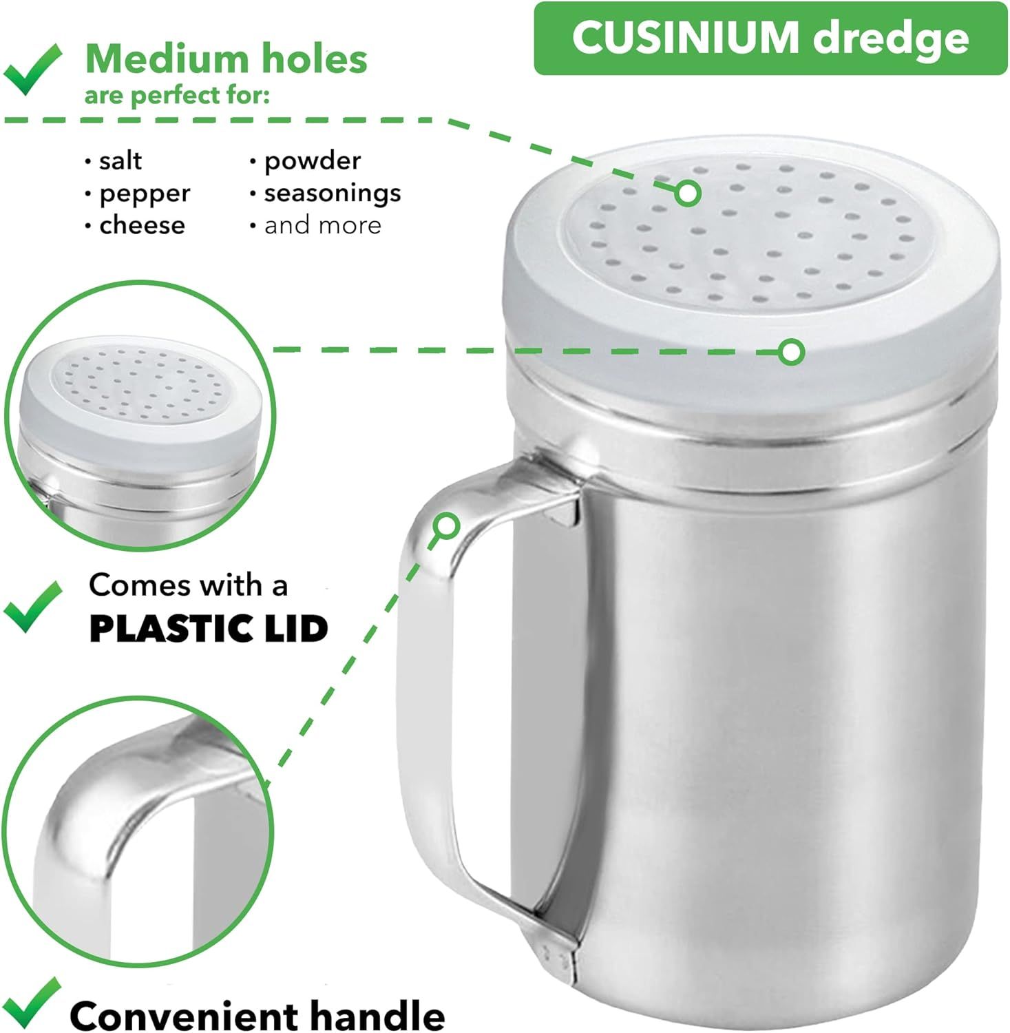 [2-pcs] 14 oz Large Metal Salt Pepper Dredge Shakers + [1-pcs] 14 oz Metal Parmesan Cheese Shaker - with Hadles and Caps Bundle - Image 3