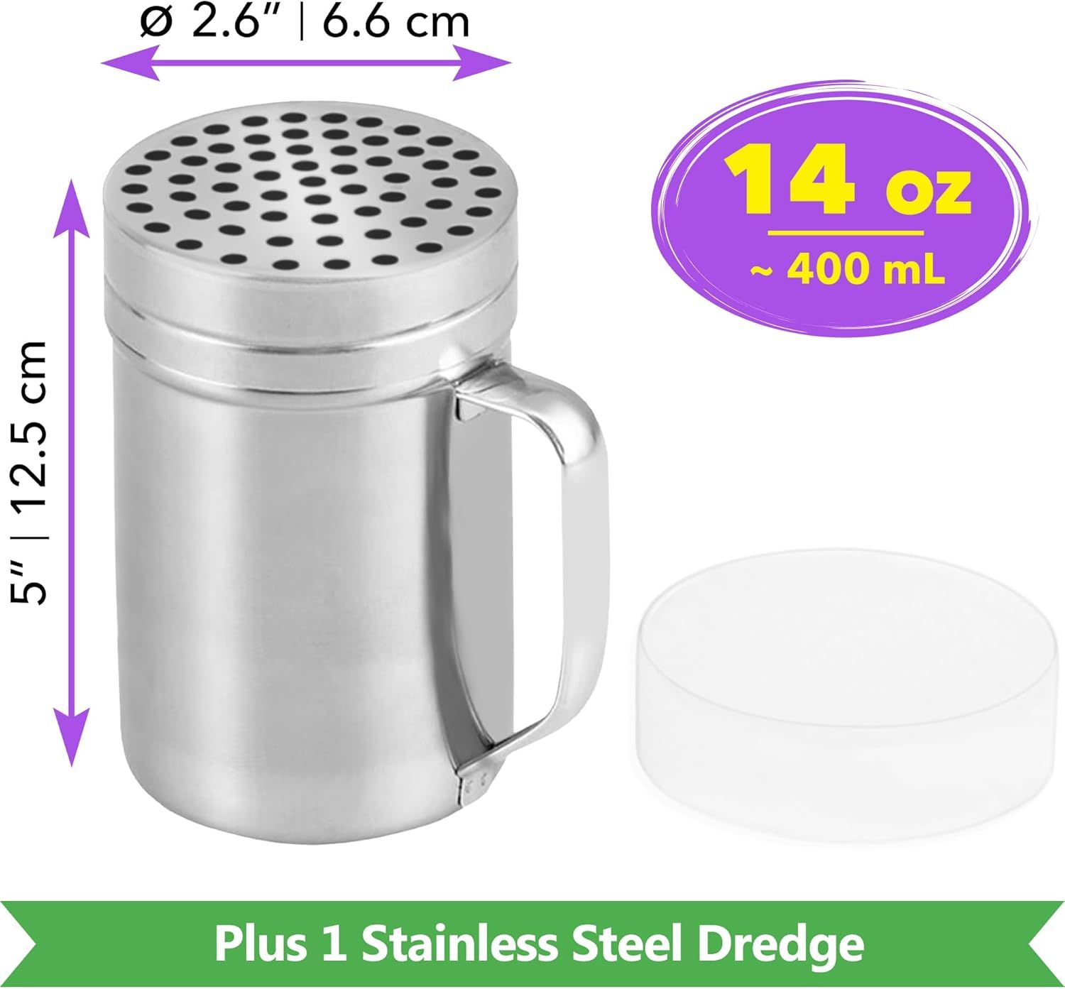 [2-pcs] 14 oz Large Metal Salt Pepper Dredge Shakers + [1-pcs] 14 oz Metal Parmesan Cheese Shaker - with Hadles and Caps Bundle - Image 4