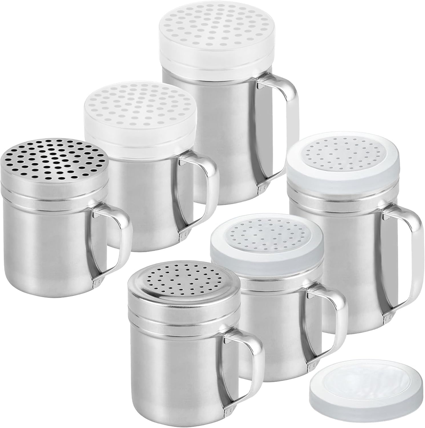 10 (2pcs) + 14oz o each Metal Salt Pepper Dredge + Parmesan Cheese Shakers - with Handles and Caps Bundle - Image 1