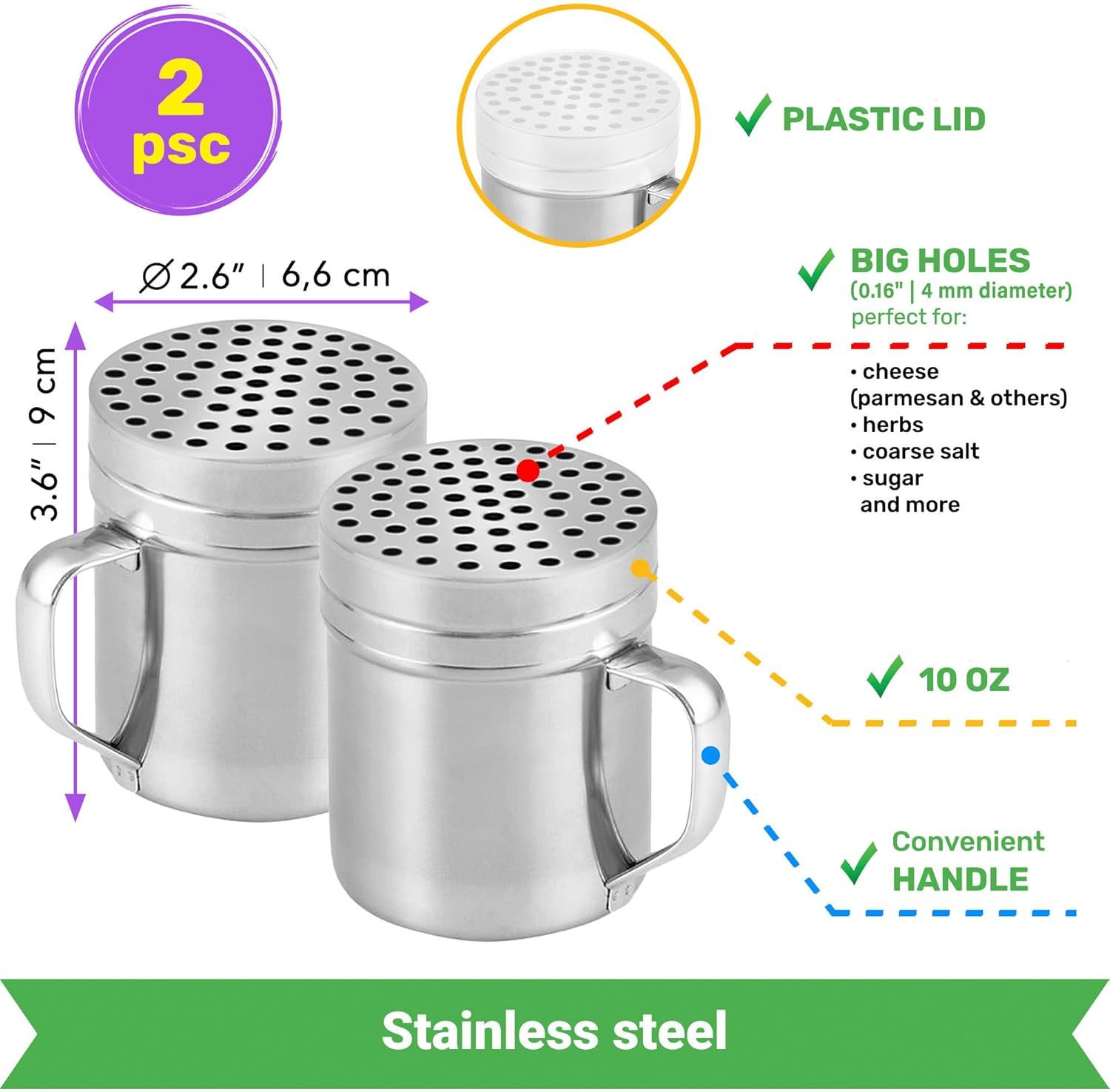 10 (2pcs) + 14oz o each Metal Salt Pepper Dredge + Parmesan Cheese Shakers - with Handles and Caps Bundle - Image 3