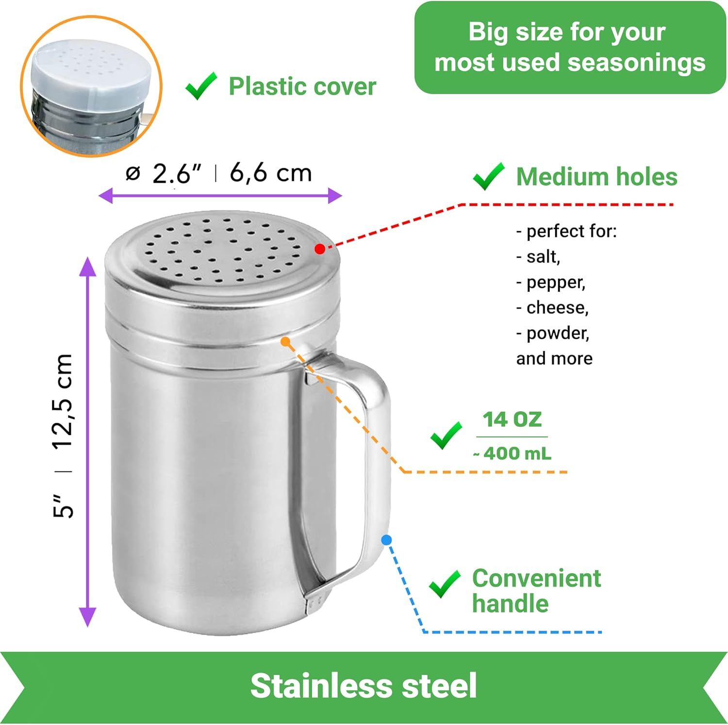 10 (2pcs) + 14oz o each Metal Salt Pepper Dredge + Parmesan Cheese Shakers - with Handles and Caps Bundle - Image 4