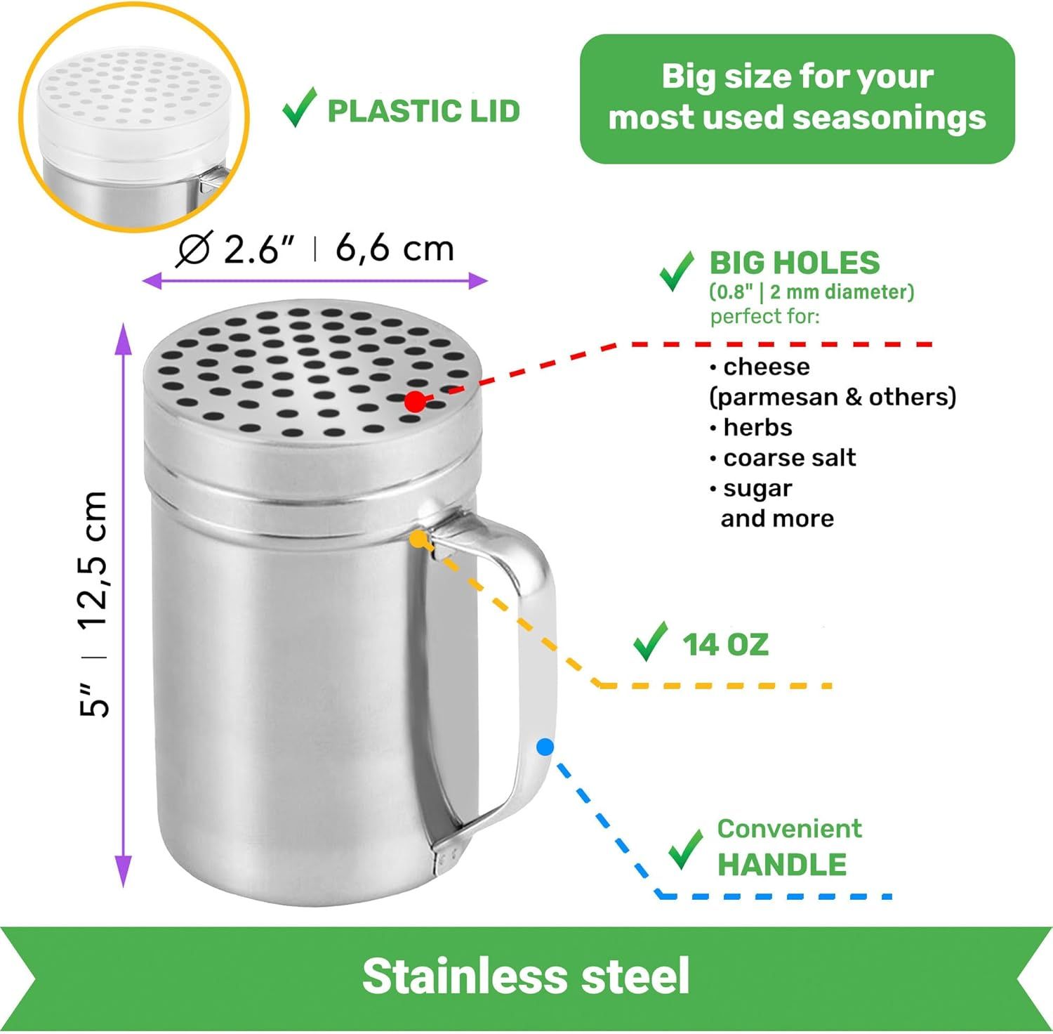 10 (2pcs) + 14oz o each Metal Salt Pepper Dredge + Parmesan Cheese Shakers - with Handles and Caps Bundle - Image 5
