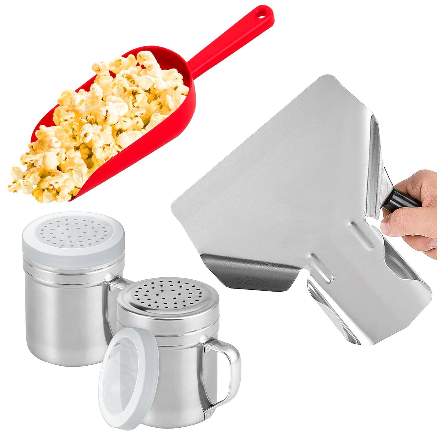 (12 + 16 oz) Metal + Red Plastic Concession Popcorn Scoop + 2-pcs 10 Ounce Salt Pepper Dredge Shakers (Medium Holes) with Lids and Handles Bundle - Image 1