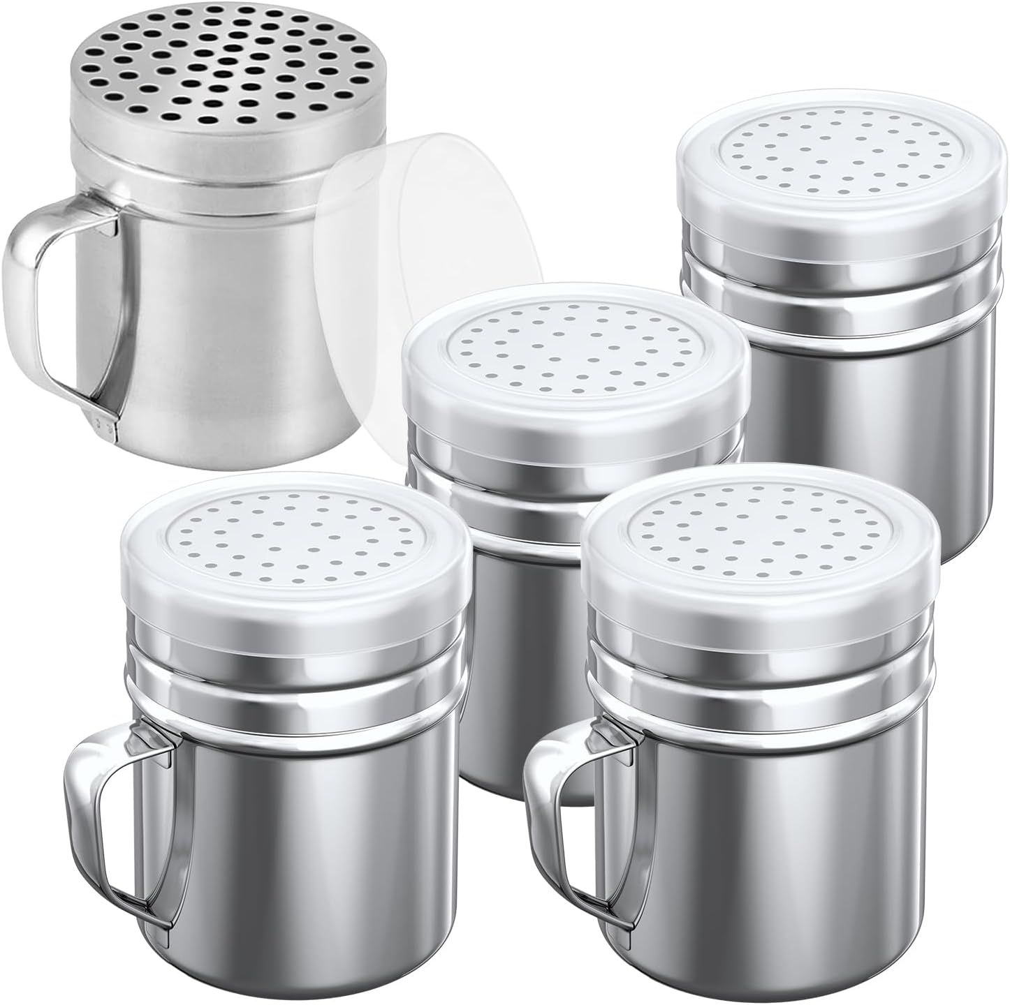 [4-pcs] 10oz Metal Salt Pepper Cooking Dredge Shakers (Medium Holes) + [1-pcs] 10oz Metal Parmesan Cheese Shaker (Large Holes) - with Plastic Caps and Handle - Image 1