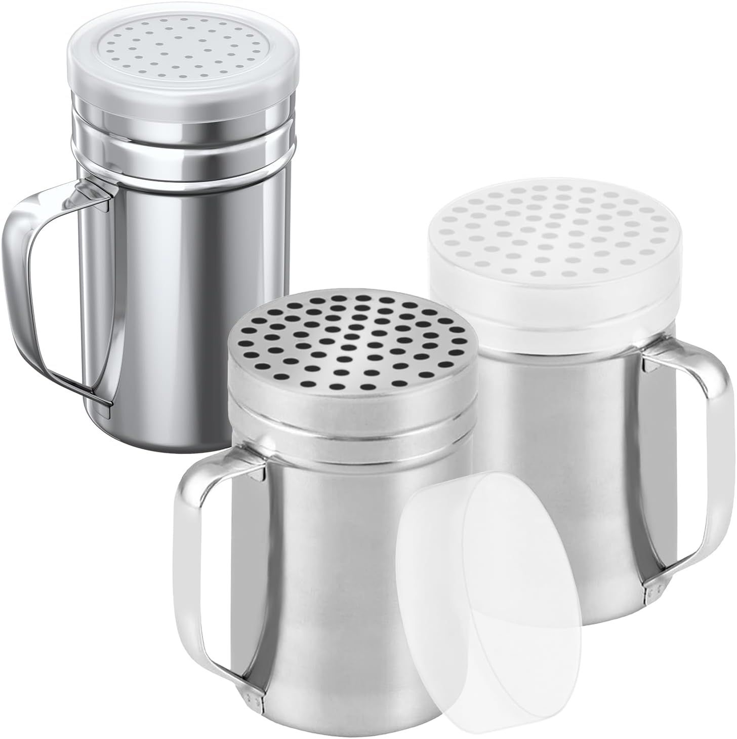 [2-pcs] 14oz Metal Parmesan Cheese Shakers (Large Holes) + [1-pcs] 14oz Stainless Steel Salt & Pepper Dredge Shaker (Medium Holes) - with Plastic Caps and Handles Bundle - Image 1
