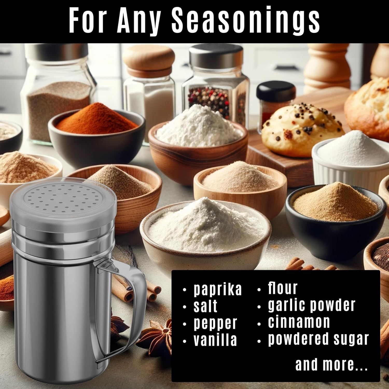 [2-pcs] 14oz Metal Parmesan Cheese Shakers (Large Holes) + [1-pcs] 14oz Stainless Steel Salt & Pepper Dredge Shaker (Medium Holes) - with Plastic Caps and Handles Bundle - Image 5