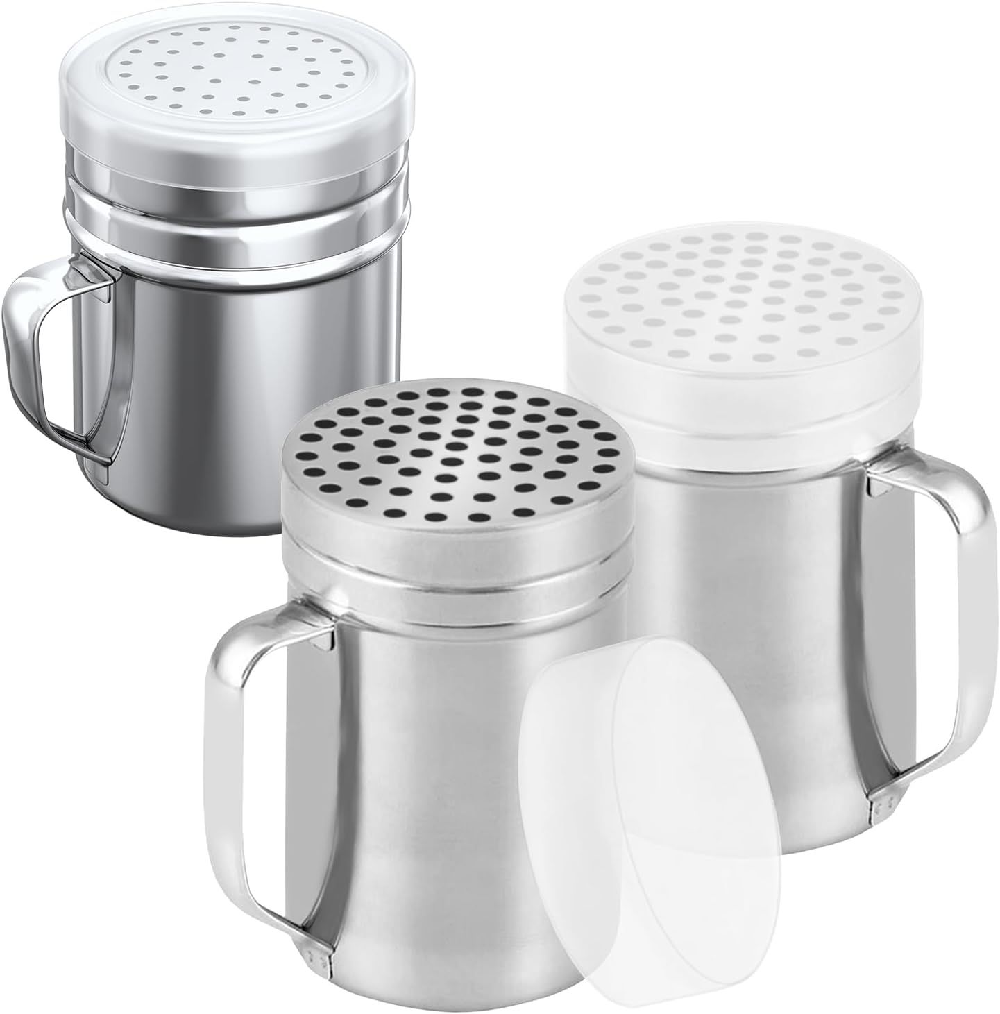 [2-pcs] 14oz Metal Parmesan Cheese Shakers (Large Holes) + [1-pcs] 10oz Stainless Steel Salt & Pepper Dredge Shaker (Medium Holes) - with Plastic Caps and Handles Bundle - Image 1