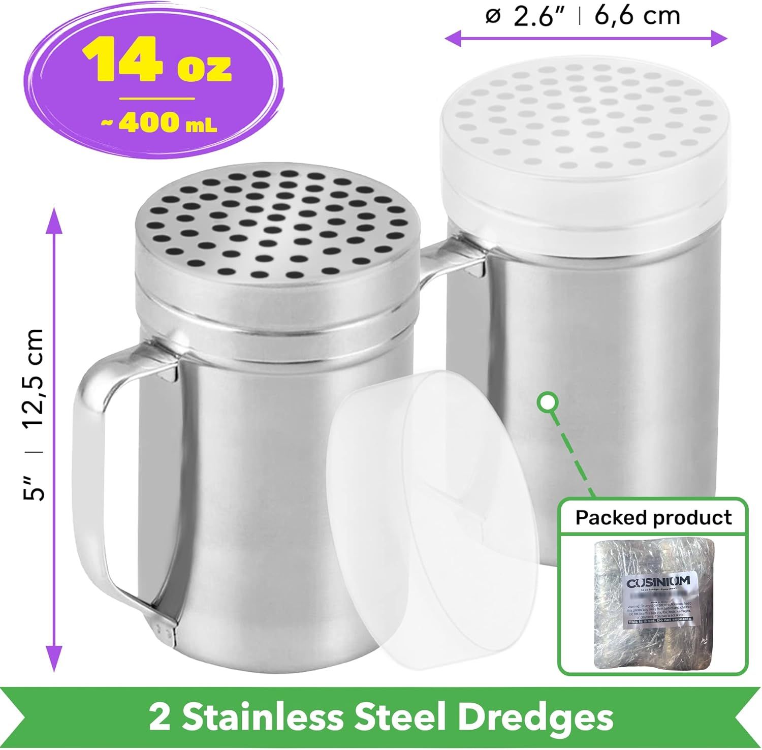 [2-pcs] 14oz Metal Parmesan Cheese Shakers (Large Holes) + [1-pcs] 10oz Stainless Steel Salt & Pepper Dredge Shaker (Medium Holes) - with Plastic Caps and Handles Bundle - Image 2