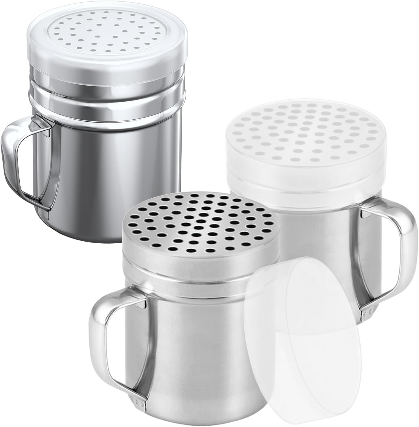[2-pcs] 10oz Metal Parmesan Cheese Shakers (Large Holes) + [1-pcs] 10oz Stainless Steel Salt & Pepper Dredge Shaker (Medium Holes) - with Plastic Caps and Handles Bundle - Image 1