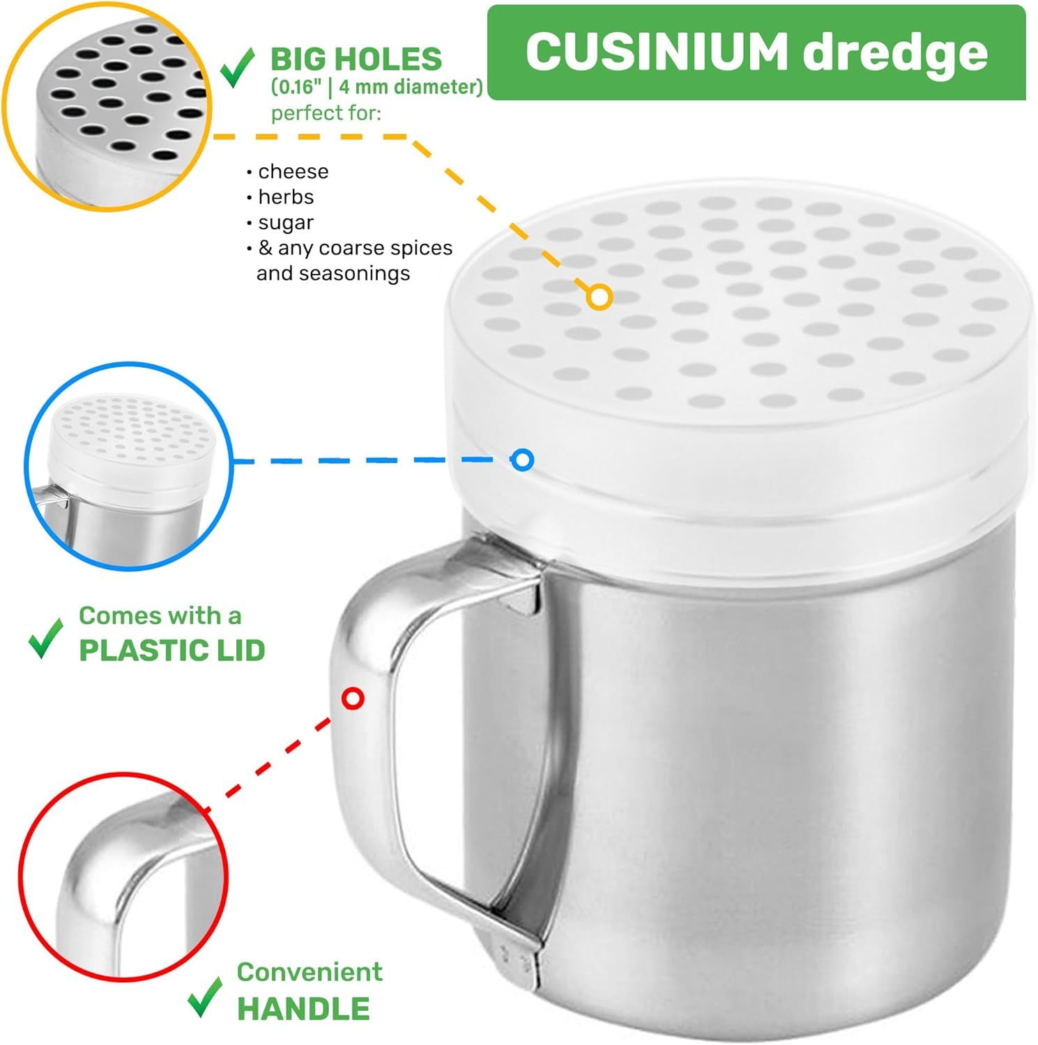 [2-pcs] 10oz Metal Parmesan Cheese Shakers (Large Holes) + [1-pcs] 10oz Stainless Steel Salt & Pepper Dredge Shaker (Medium Holes) - with Plastic Caps and Handles Bundle - Image 3