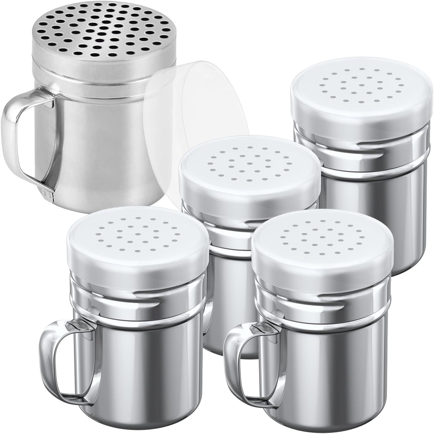 [4-pcs] 6oz Metal Salt Pepper Cooking Dredge Shakers (Medium Holes) + [1-pcs] 10oz Metal Parmesan Cheese Shaker (Large Holes) - with Plastic Caps and Handle - Image 1