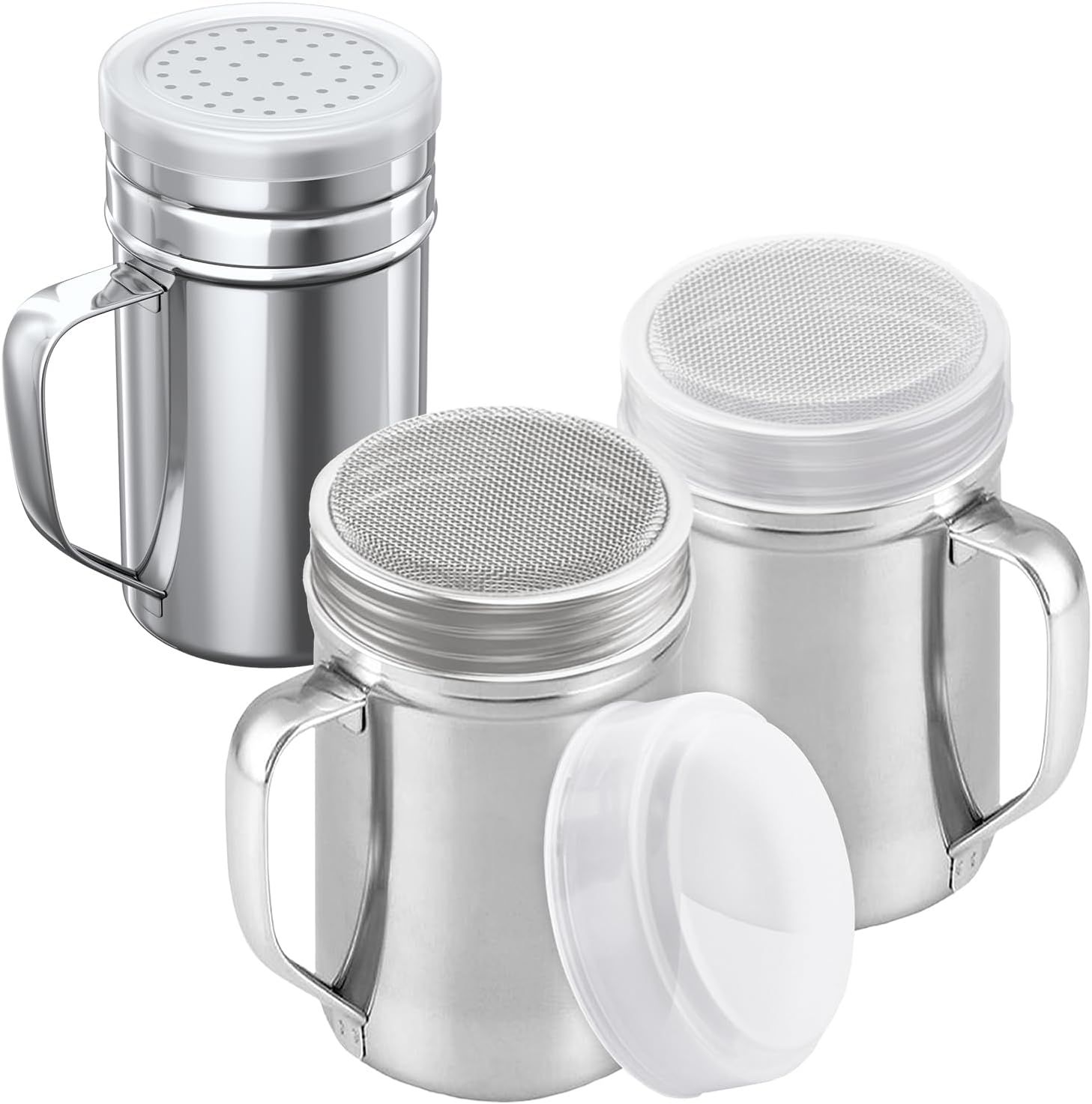[2-pcs] 14oz Large Powdered Sugar Shakers (ine Mesh) + [1-pcs] 14oz Stainless Steel Salt Pepper Dredge Shaker - with Plastic Caps & Handles Bundle - Image 1