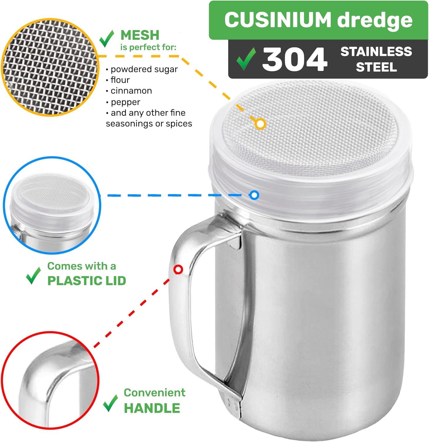 [2-pcs] 14oz Large Powdered Sugar Shakers (ine Mesh) + [1-pcs] 14oz Stainless Steel Salt Pepper Dredge Shaker - with Plastic Caps & Handles Bundle - Image 3