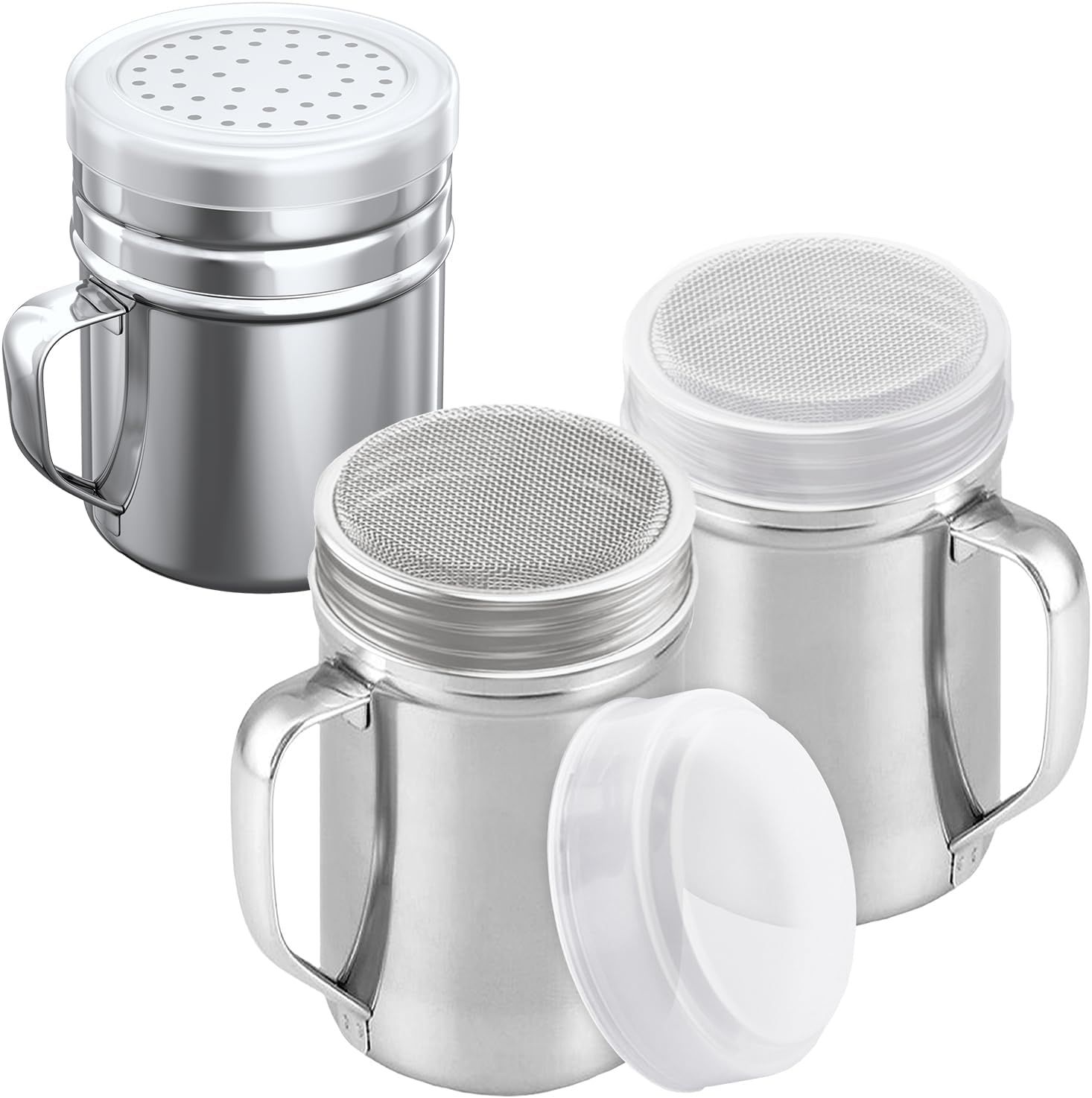 [2-pcs] 14oz Large Powdered Sugar Shakers (ine Mesh) + [1-pcs] 10oz Stainless Steel Salt Pepper Dredge Shaker - with Plastic Caps & Handles Bundle - Image 1