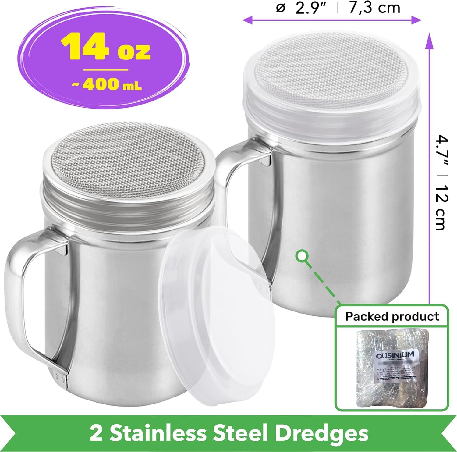 [2-pcs] 14oz Large Powdered Sugar Shakers (ine Mesh) + [1-pcs] 10oz Stainless Steel Salt Pepper Dredge Shaker - with Plastic Caps & Handles Bundle - Image 2