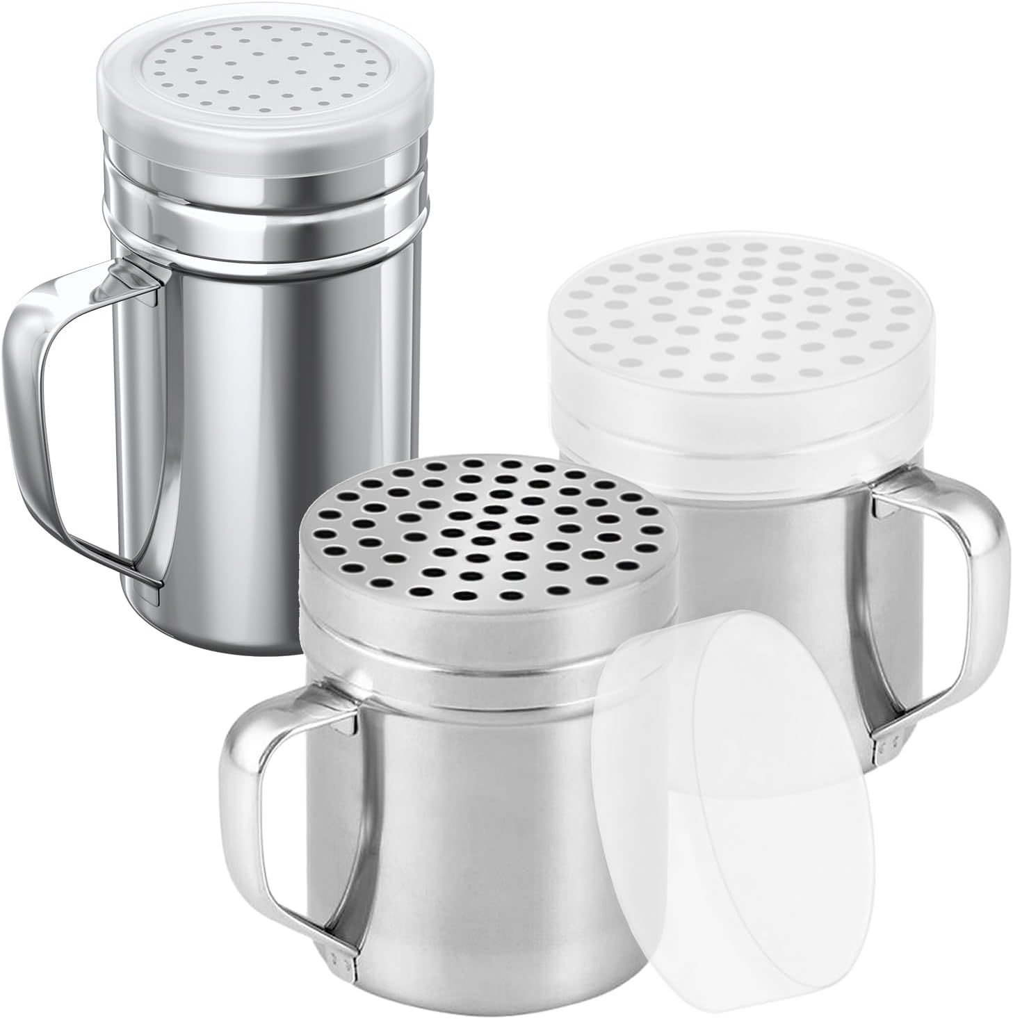 [2-pcs] 10oz Metal Parmesan Cheese Shakers (Large Holes) + [1-pcs] 14oz Stainless Steel Salt & Pepper Dredge Shaker (Medium Holes) - with Plastic Caps and Handles Bundle - Image 1