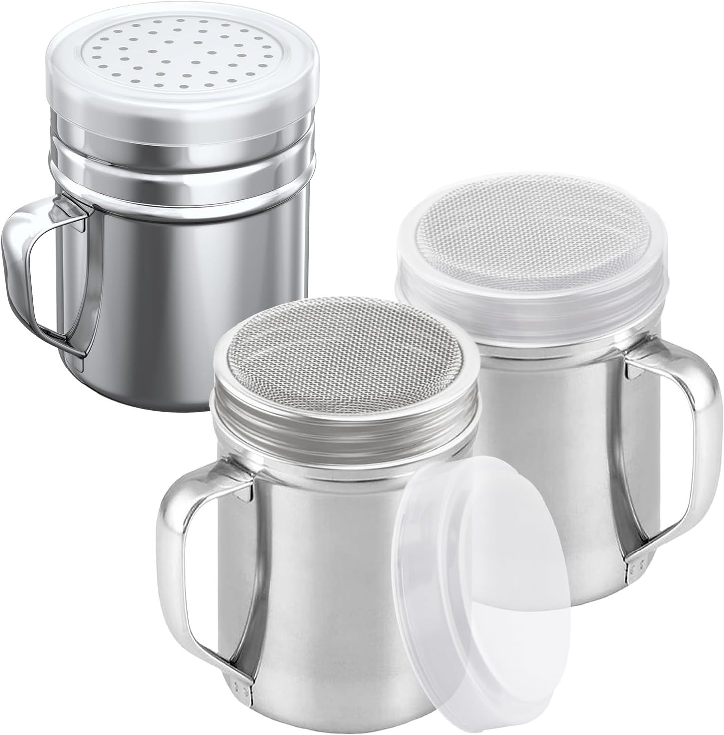 [2-pcs] 10oz Powdered Sugar Shakers (ine Mesh) + [1-pcs] 10oz Stainless Steel Salt Pepper Dredge Shaker - with Plastic Caps & Handles Bundle - Image 1