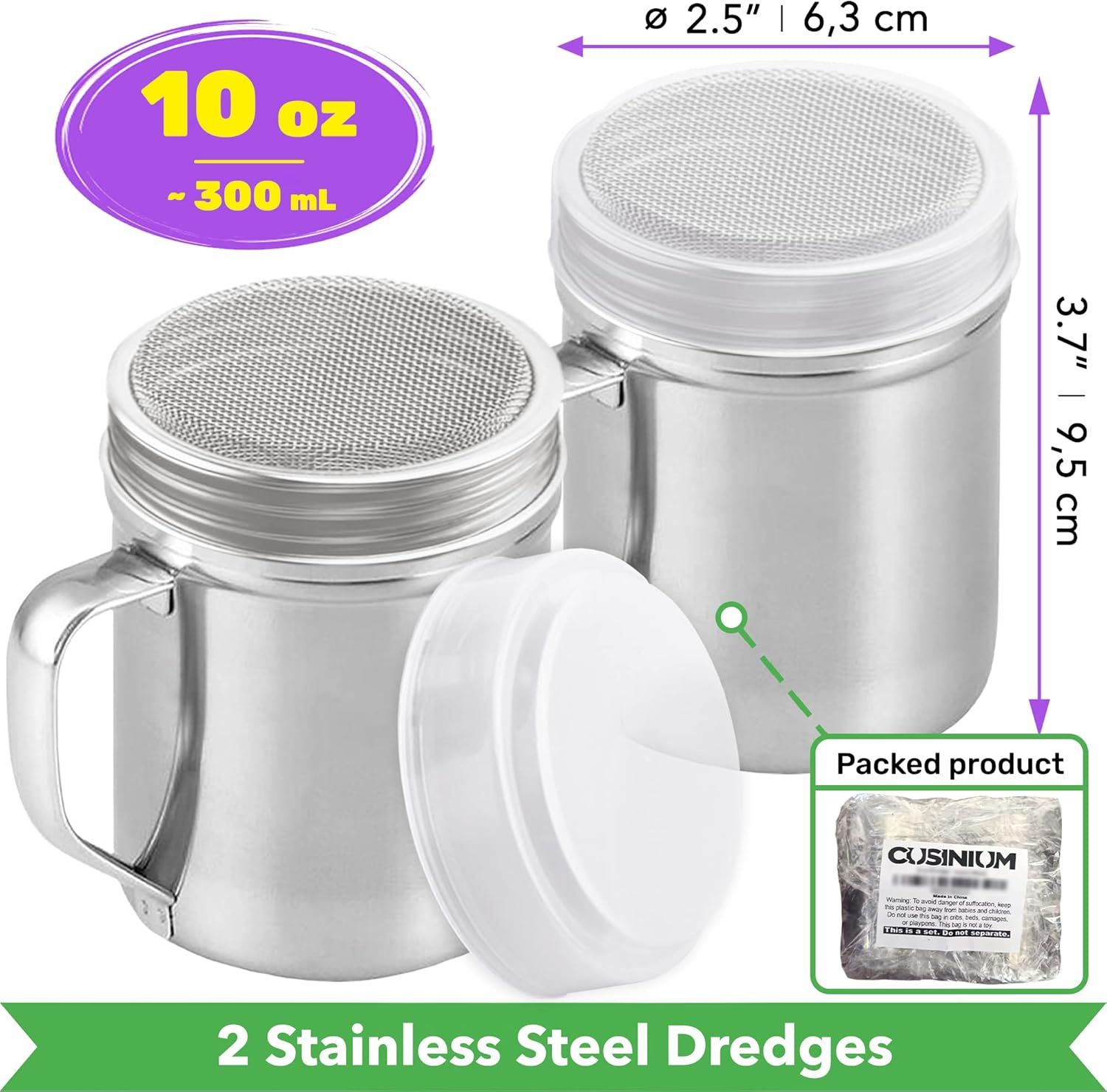 [2-pcs] 10oz Powdered Sugar Shakers (ine Mesh) + [1-pcs] 10oz Stainless Steel Salt Pepper Dredge Shaker - with Plastic Caps & Handles Bundle - Image 2