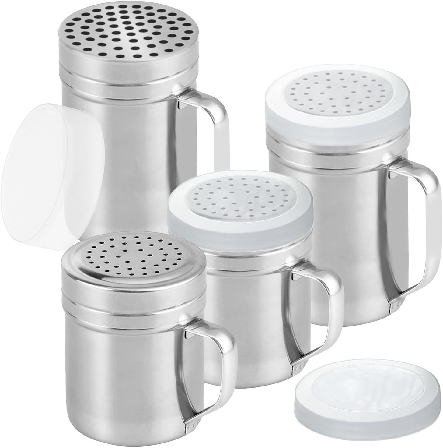 2 Stainless Steel Salt & Pepper Dredge (10 + 14 oz) + 14 ounce Metal Parmesan Cheese Shaker (Large Holes) - with Plastic Caps & Handles Bundle - Image 1