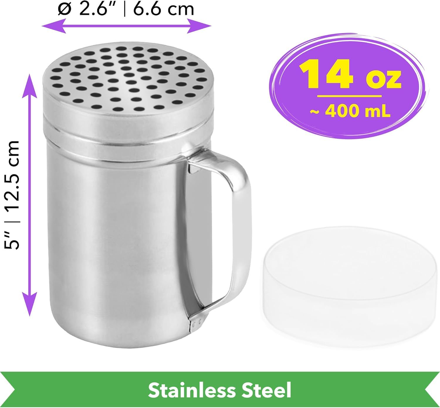 2 Stainless Steel Salt & Pepper Dredge (10 + 14 oz) + 14 ounce Metal Parmesan Cheese Shaker (Large Holes) - with Plastic Caps & Handles Bundle - Image 4