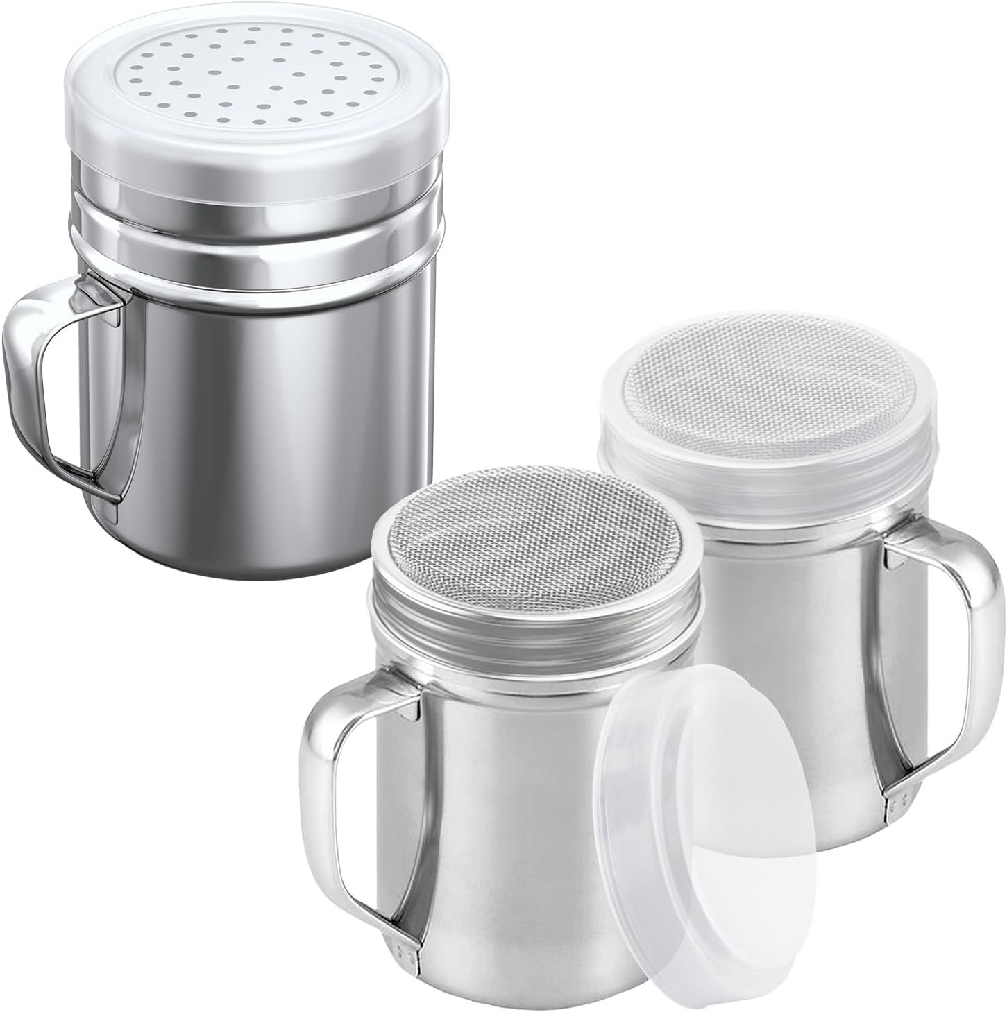 [2-pcs] 6oz Powdered Sugar Shakers (ine Mesh) + [1-pcs] 10oz Stainless Steel Salt Pepper Dredge Shaker - with Plastic Caps & Handles Bundle - Image 1