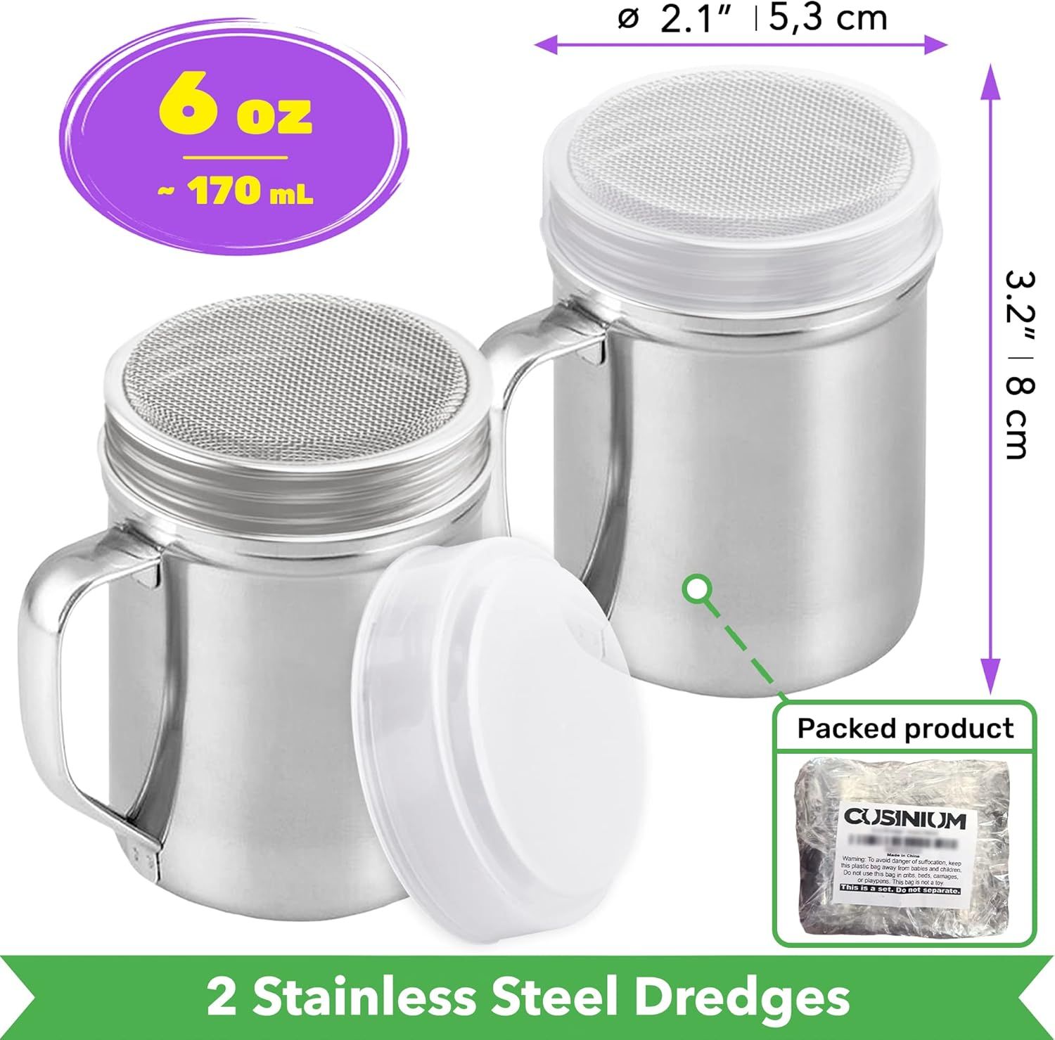 [2-pcs] 6oz Powdered Sugar Shakers (ine Mesh) + [1-pcs] 10oz Stainless Steel Salt Pepper Dredge Shaker - with Plastic Caps & Handles Bundle - Image 2