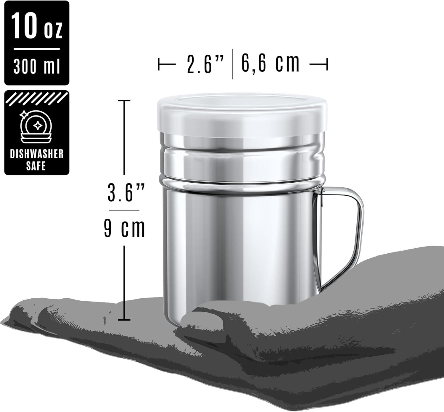 [2-pcs] 6oz Powdered Sugar Shakers (ine Mesh) + [1-pcs] 10oz Stainless Steel Salt Pepper Dredge Shaker - with Plastic Caps & Handles Bundle - Image 4