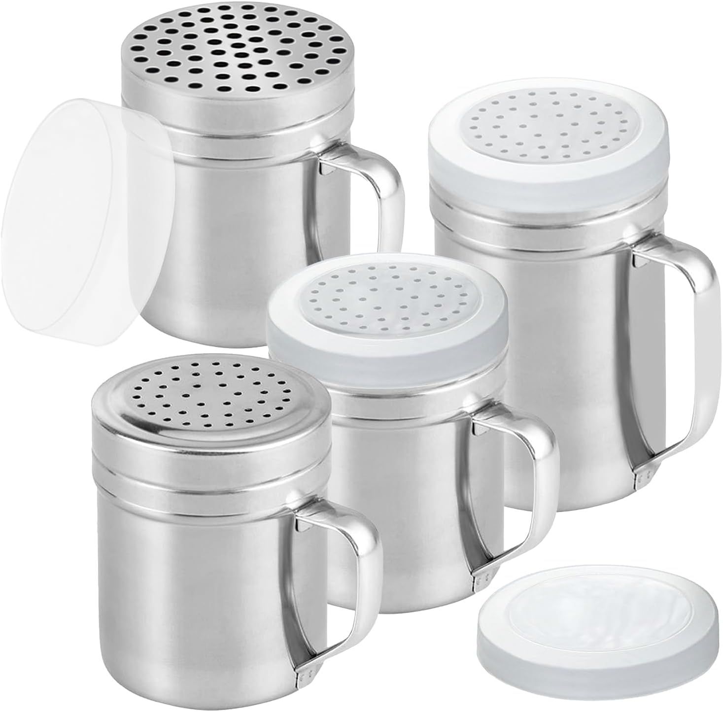 2 Stainless Steel Salt & Pepper Dredge (10 + 14 oz) + 10 ounce Metal Parmesan Cheese Shaker (Large Holes) - with Plastic Caps & Handles Bundle - Image 1