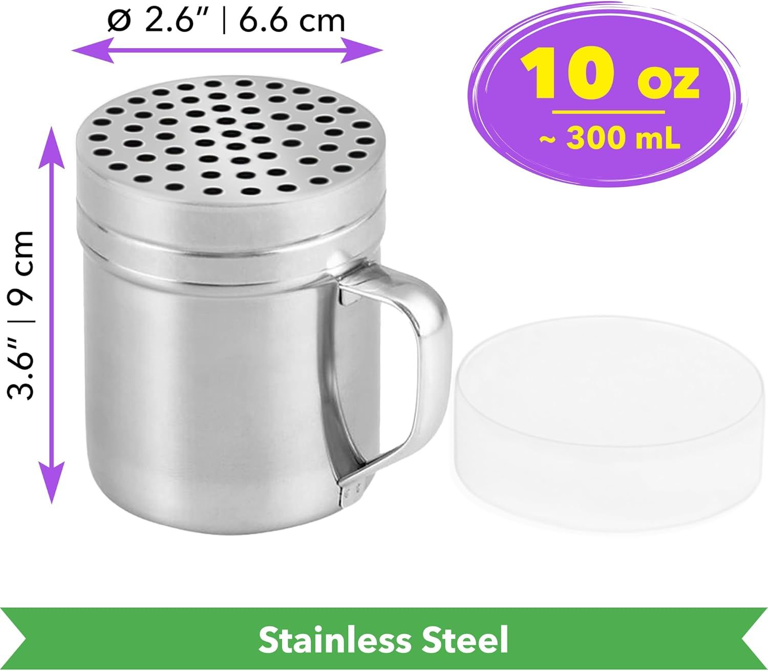 2 Stainless Steel Salt & Pepper Dredge (10 + 14 oz) + 10 ounce Metal Parmesan Cheese Shaker (Large Holes) - with Plastic Caps & Handles Bundle - Image 4