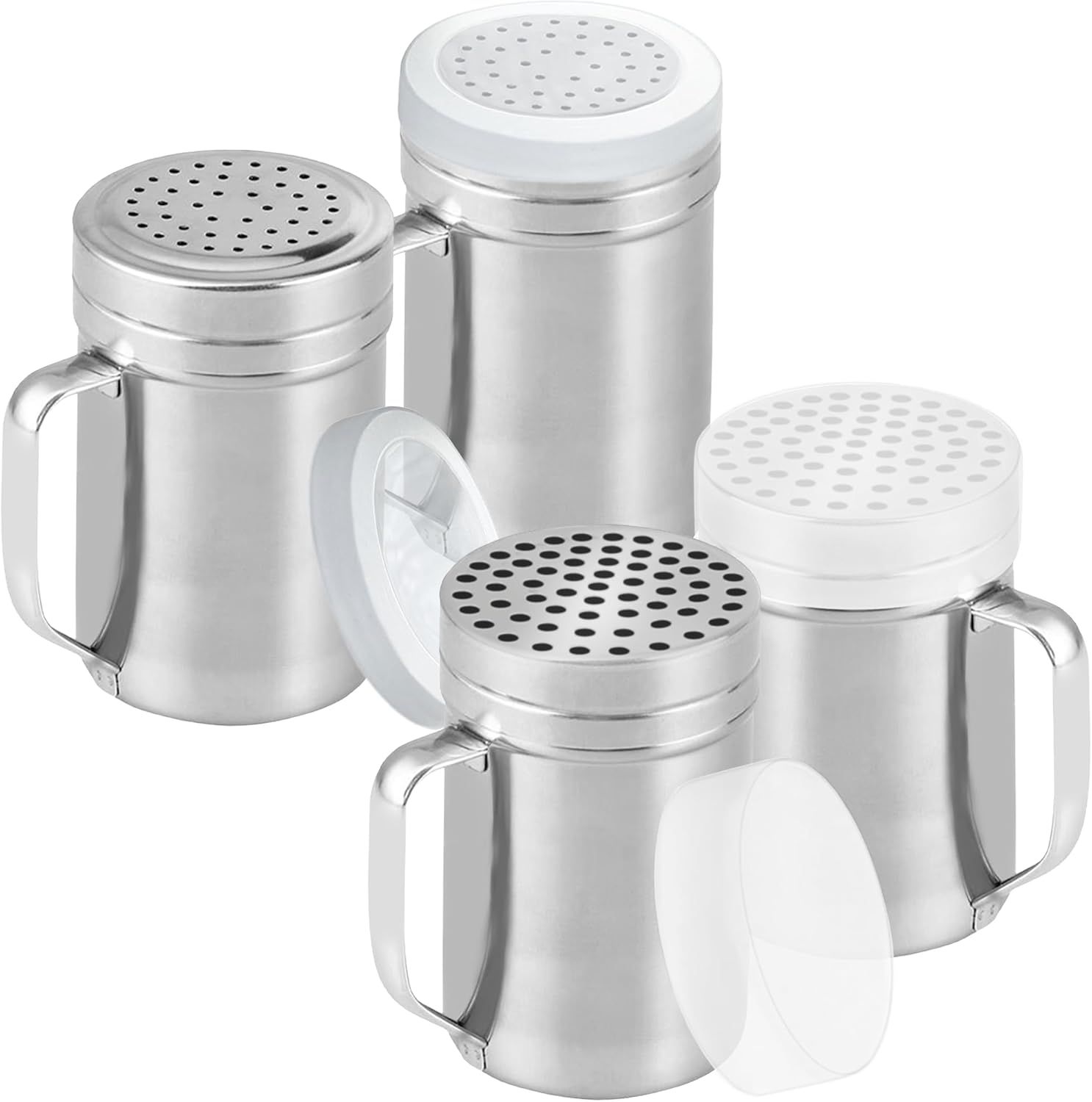 [2-pack] 14oz Seasonings Spice Shaker with Medium Holes, [2-pack] 14oz Metal Parmesan Cheese Shaker with Large Holes - with Handle and Plastic Cap - Image 1
