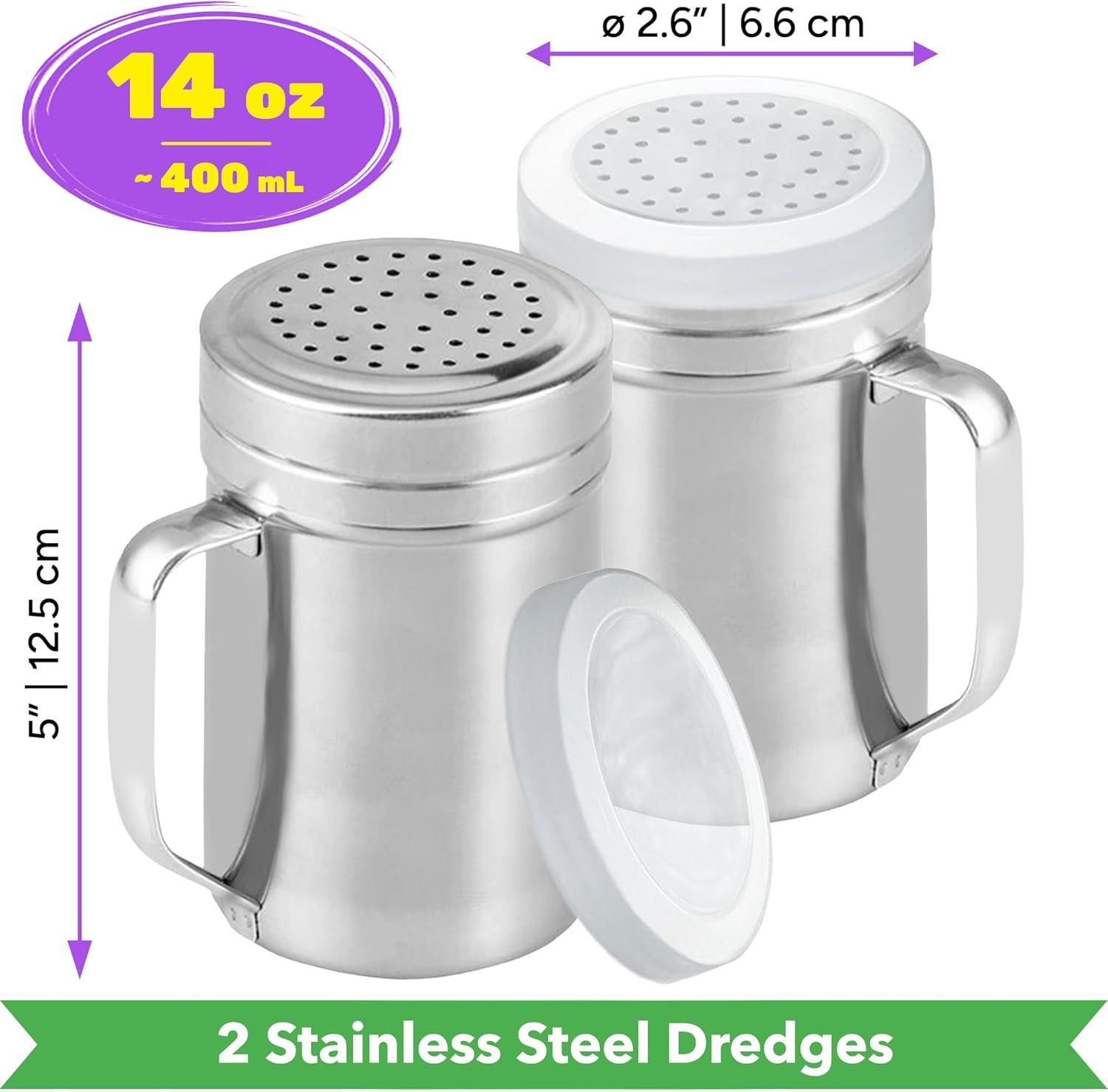 [2-pack] 14oz Seasonings Spice Shaker with Medium Holes, [2-pack] 14oz Metal Parmesan Cheese Shaker with Large Holes - with Handle and Plastic Cap - Image 2