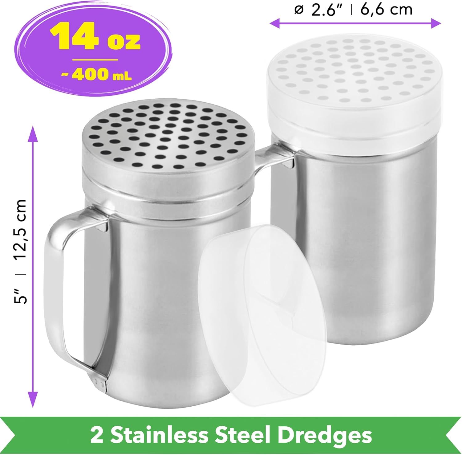 [2-pack] 14oz Seasonings Spice Shaker with Medium Holes, [2-pack] 14oz Metal Parmesan Cheese Shaker with Large Holes - with Handle and Plastic Cap - Image 3