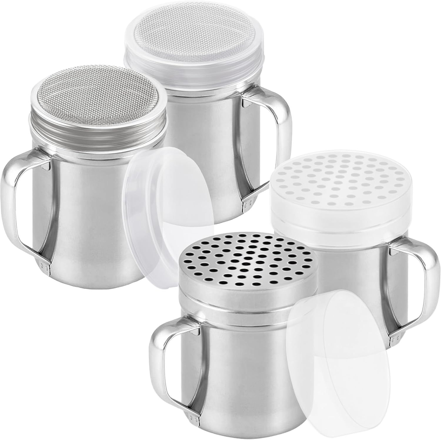 [2-pack] 10oz Metal Cheese Shaker with Large Holes, [2-pack] 10oz Powdered Sugar Shaker with ine Mesh - With Handle and Lids - Image 1