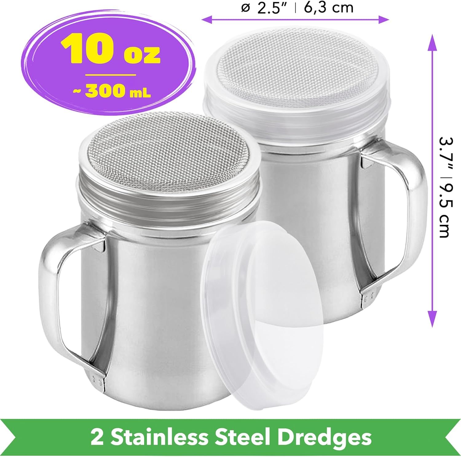 [2-pack] 10oz Metal Cheese Shaker with Large Holes, [2-pack] 10oz Powdered Sugar Shaker with ine Mesh - With Handle and Lids - Image 3