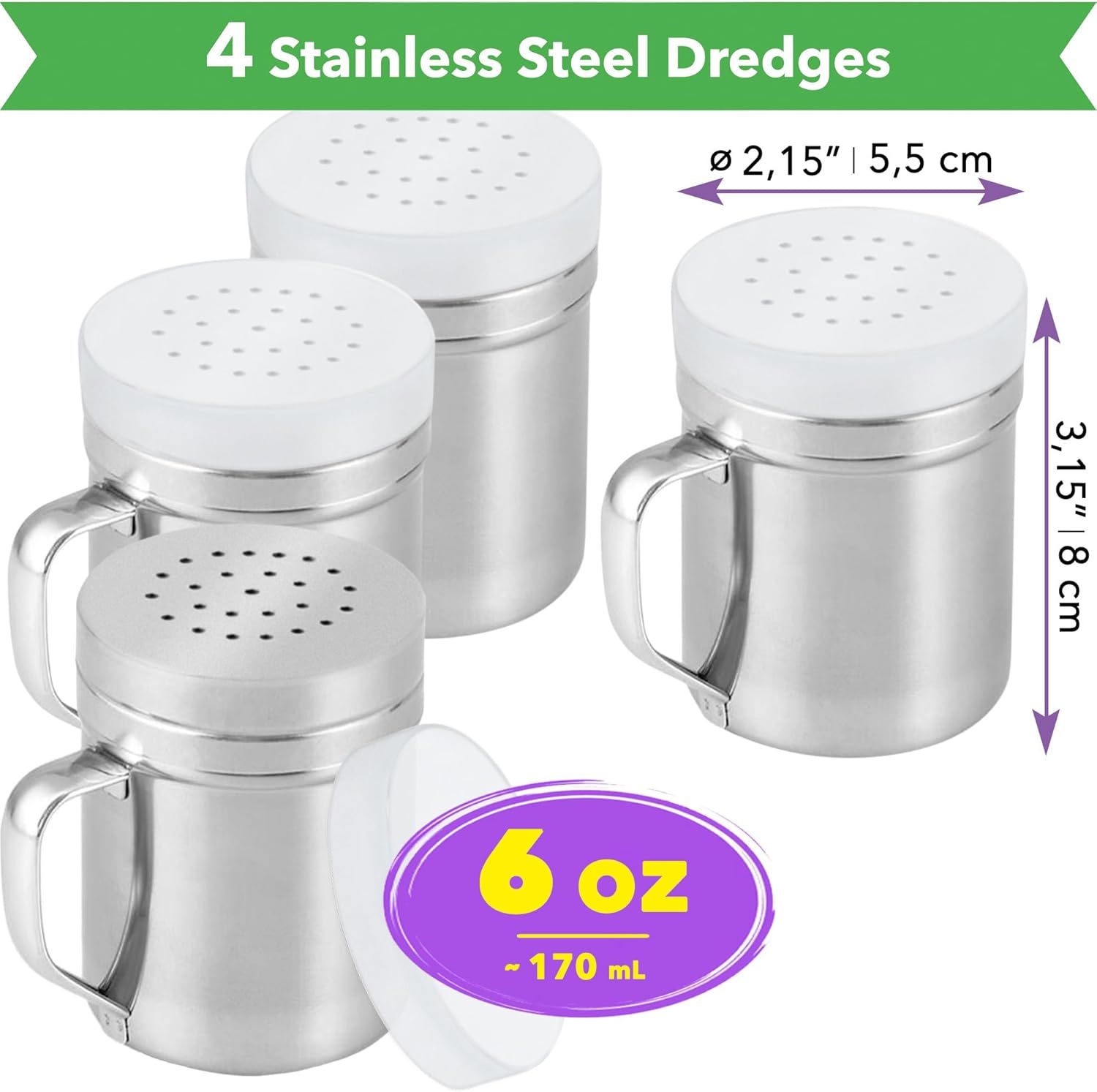 [4-pack] 6oz Metal Salt & Pepper Shaker with Holes, [4-pack] 10oz Metal Salt & Pepper Shaker with Holes - with Handle and Plastic Cap - Image 2