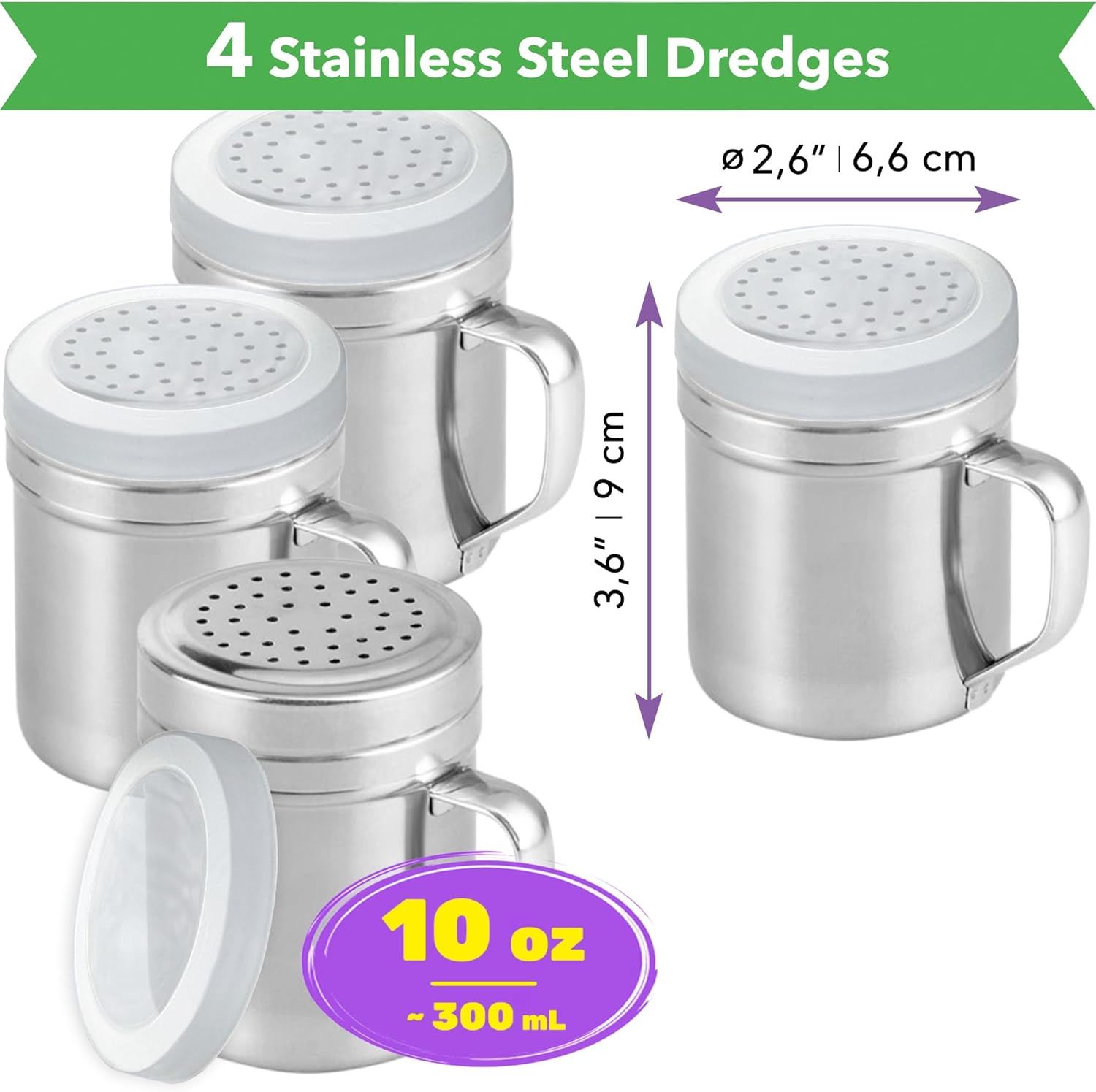 [4-pack] 6oz Metal Salt & Pepper Shaker with Holes, [4-pack] 10oz Metal Salt & Pepper Shaker with Holes - with Handle and Plastic Cap - Image 3