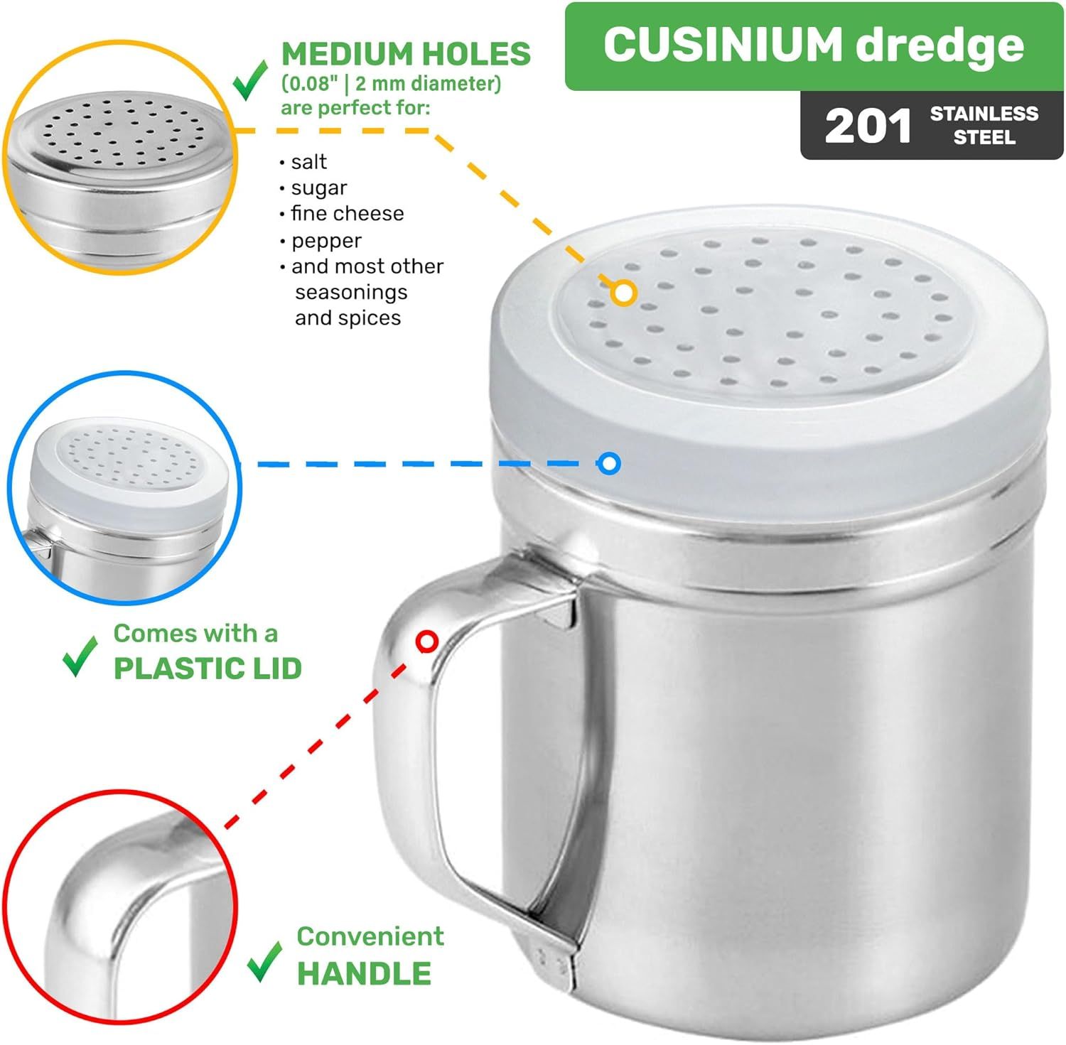 [4-pack] 6oz Metal Salt & Pepper Shaker with Holes, [4-pack] 10oz Metal Salt & Pepper Shaker with Holes - with Handle and Plastic Cap - Image 5