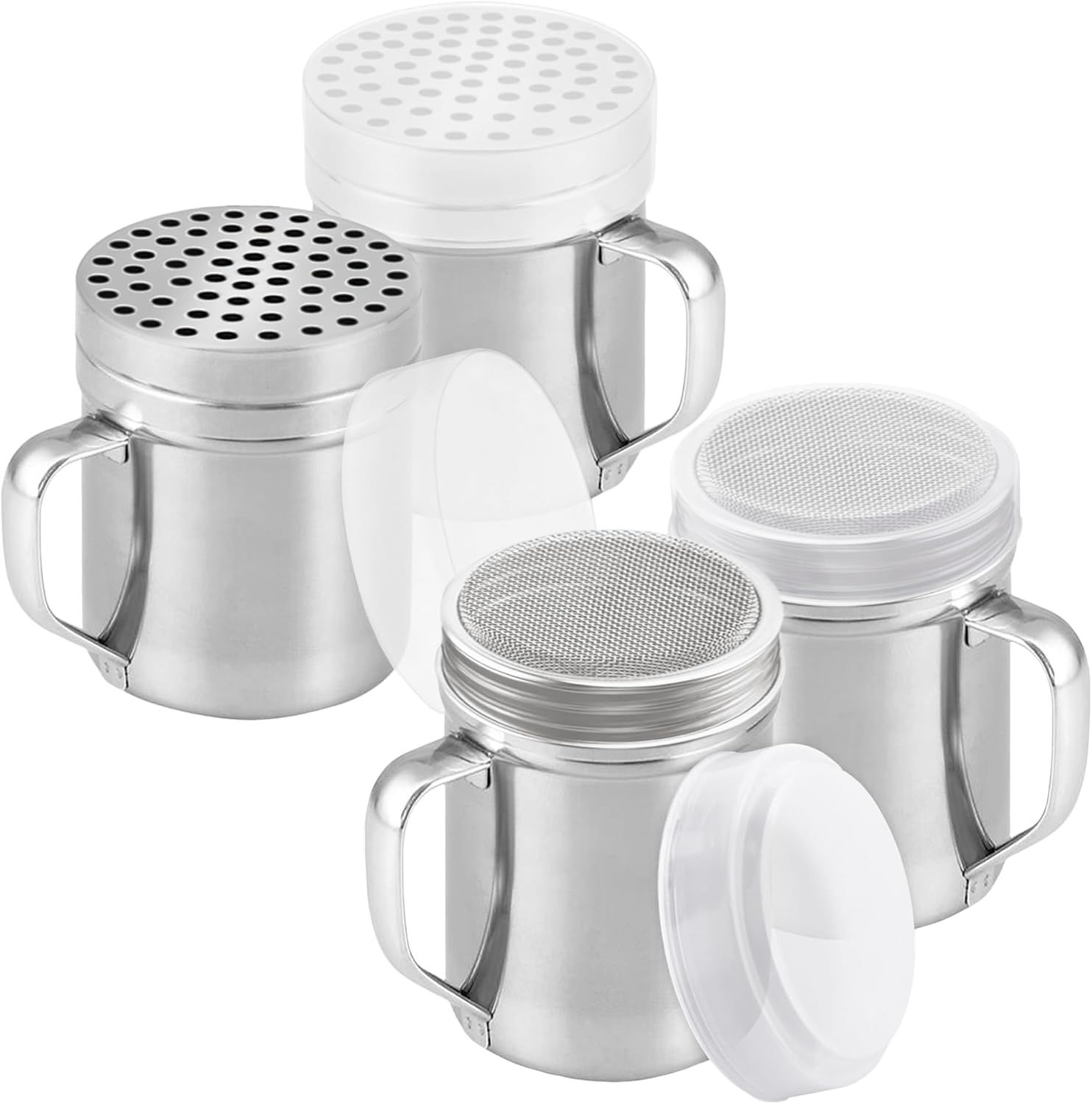 [2-pack] 6oz Powdered Shaker with ine Mesh, [2-pack] 10oz Metal Parmesan Cheese Shaker with Large Holes - with Handle and Plastic Cap - Image 1