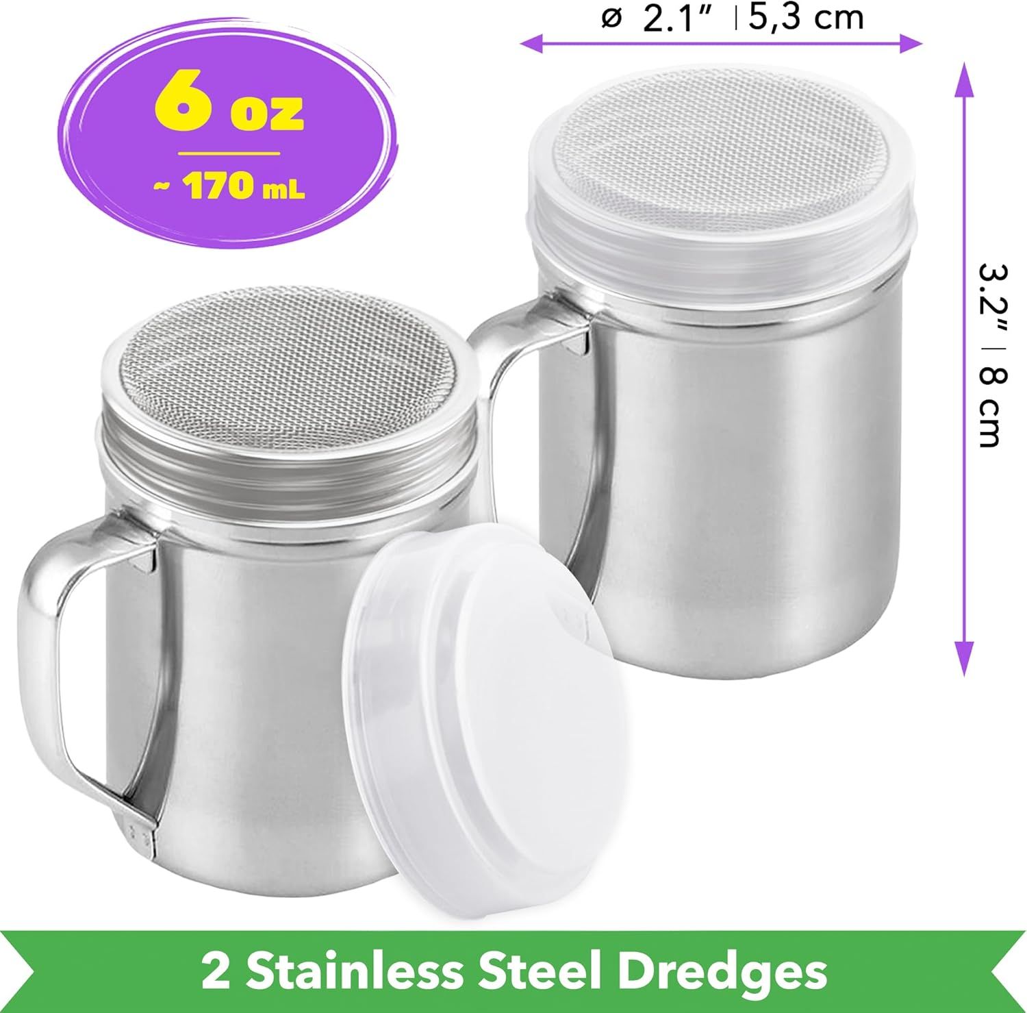 [2-pack] 6oz Powdered Shaker with ine Mesh, [2-pack] 10oz Metal Parmesan Cheese Shaker with Large Holes - with Handle and Plastic Cap - Image 2