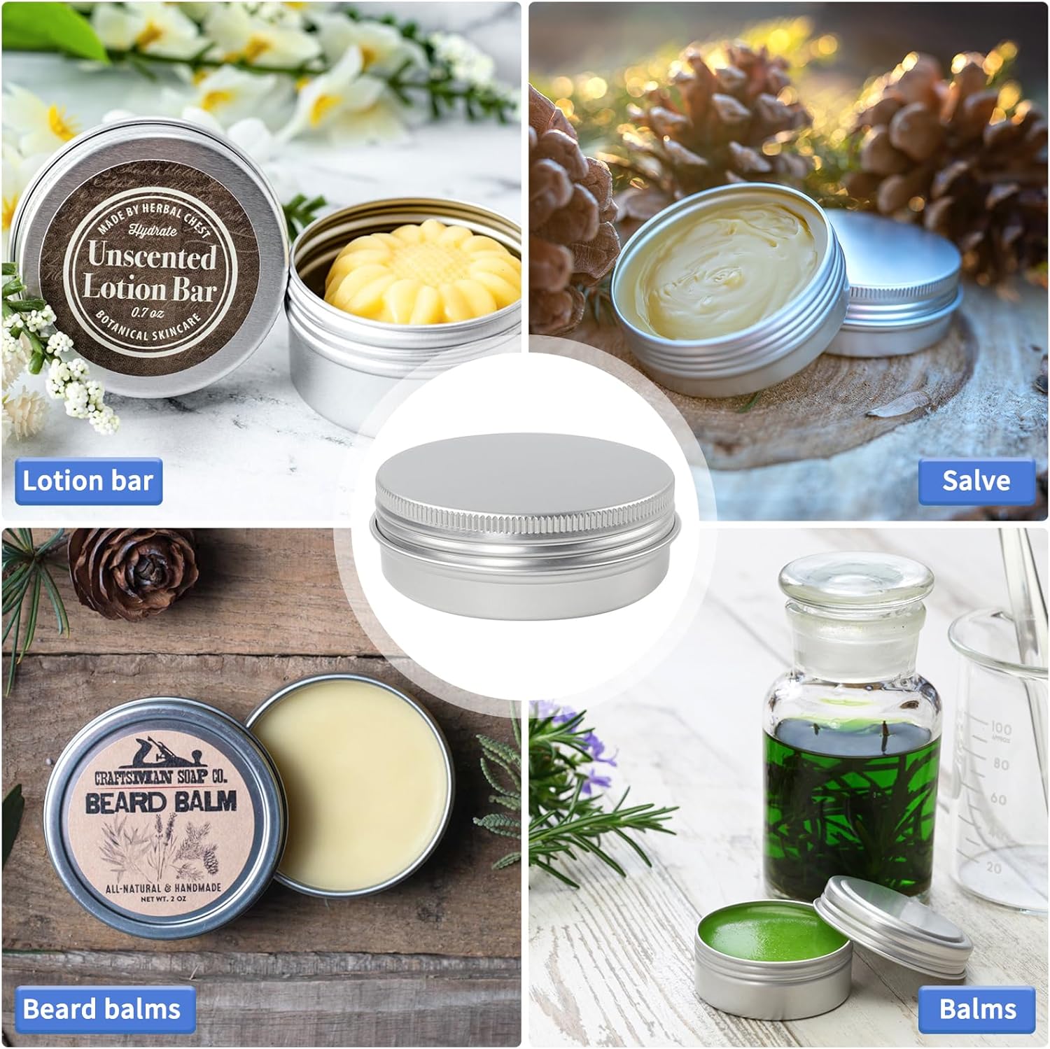 Moretoes 60 Pack Tins, 2Oz Metal Round Tins, Aluminum Tin Cans Containers with Screw Lid for Lotion Bars, Balms, Salve, Spices or Beard Balm - Image 4